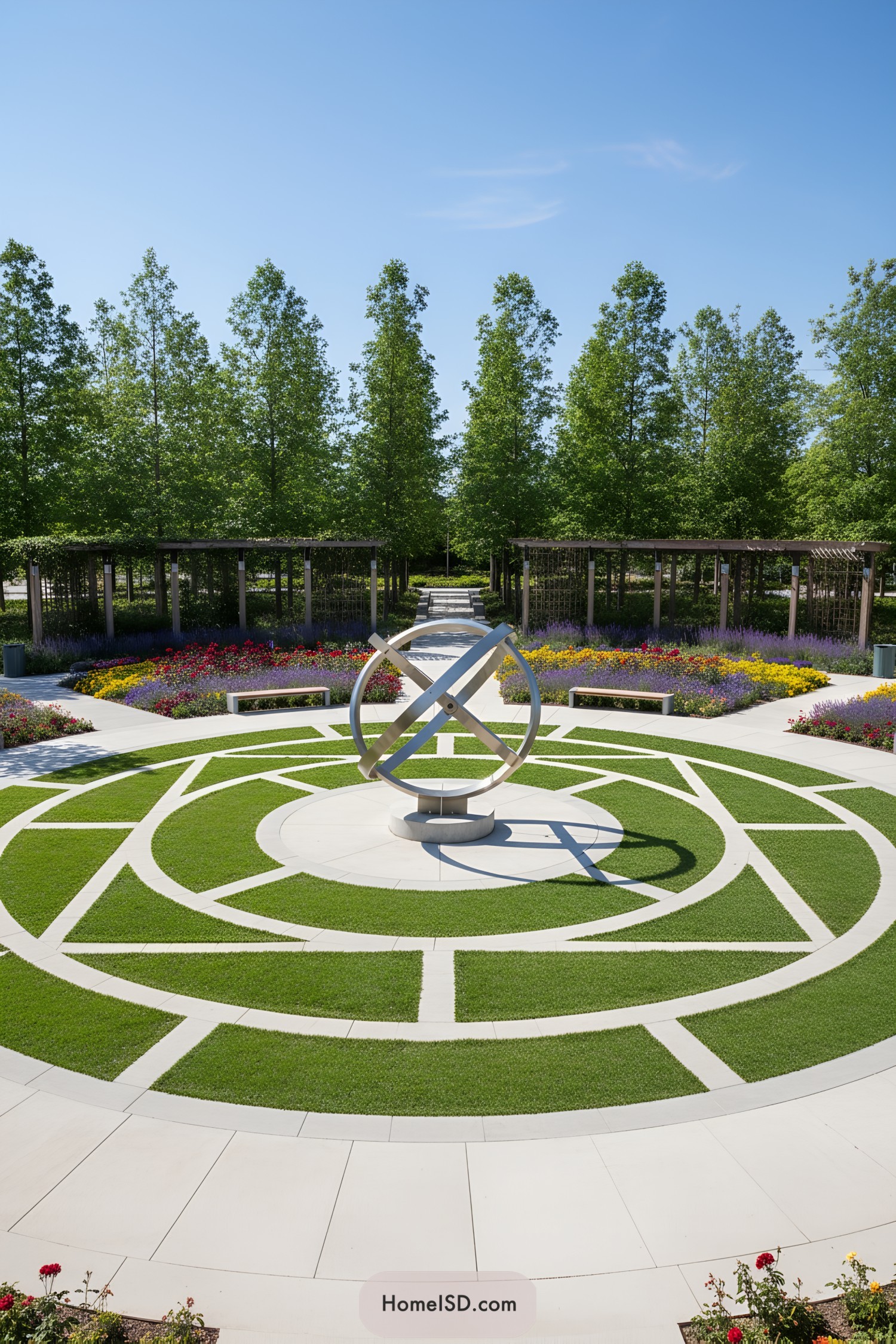 A circular lawn with a central metal sculpture and surrounding greenery