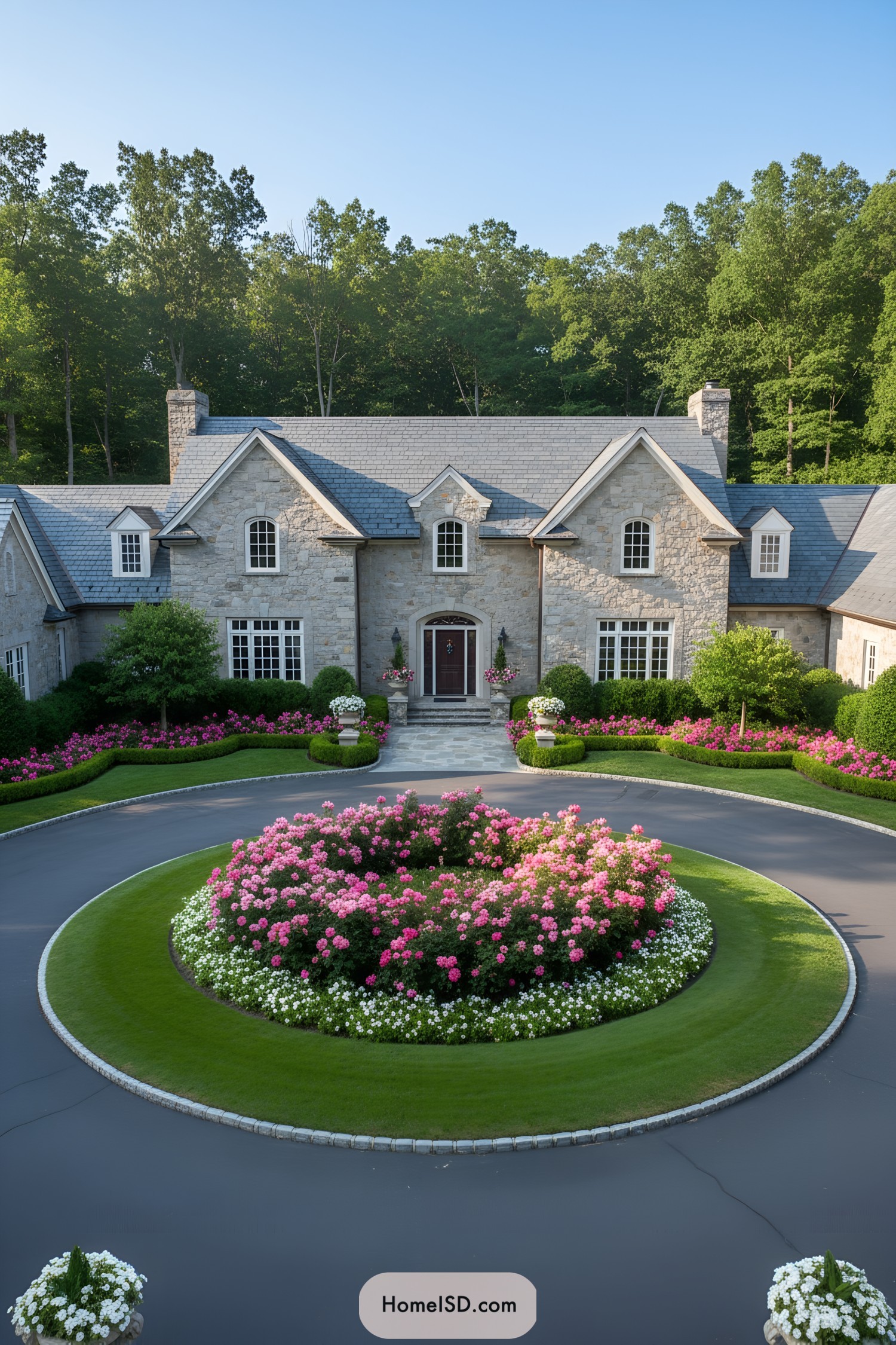 Round driveway with blossoming central garden
