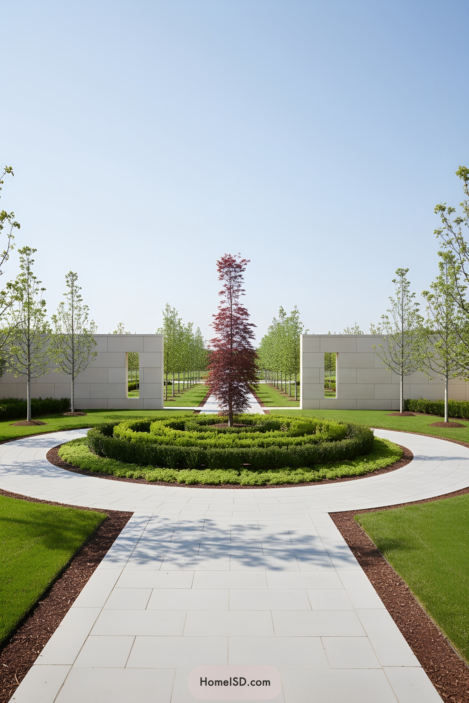 Circular garden with central red tree and surrounding path