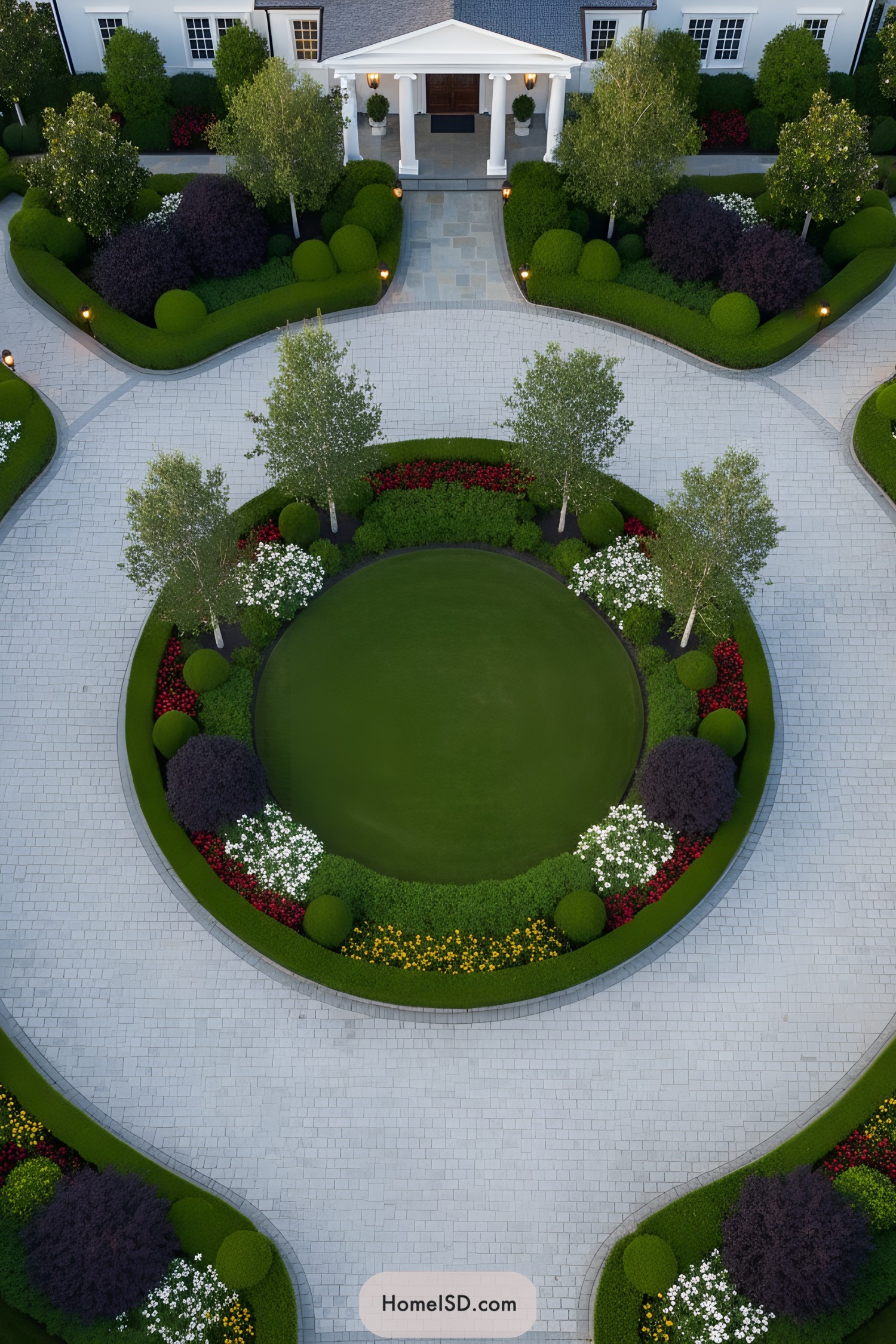 Circular garden with colorful plants and a grand entrance