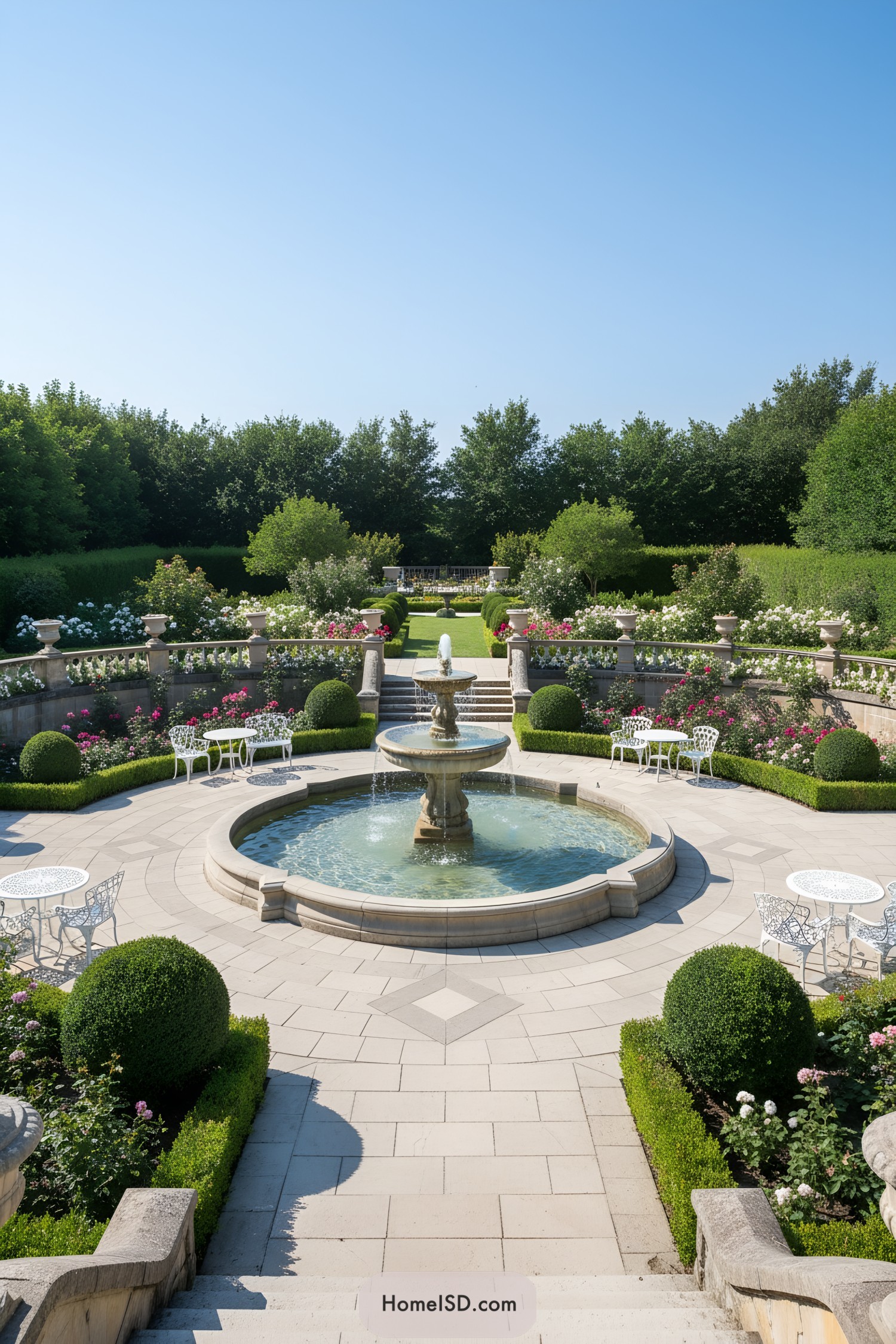 Charming circular garden with a central fountain, surrounded by greenery and floral accents
