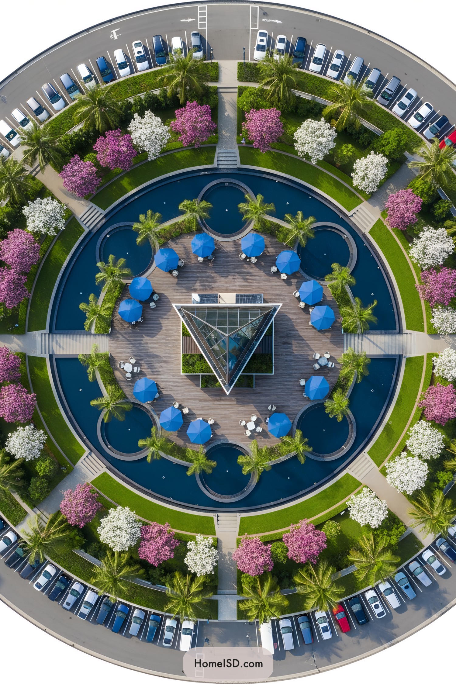 Aerial view of a circular garden with blue umbrellas and blooming trees