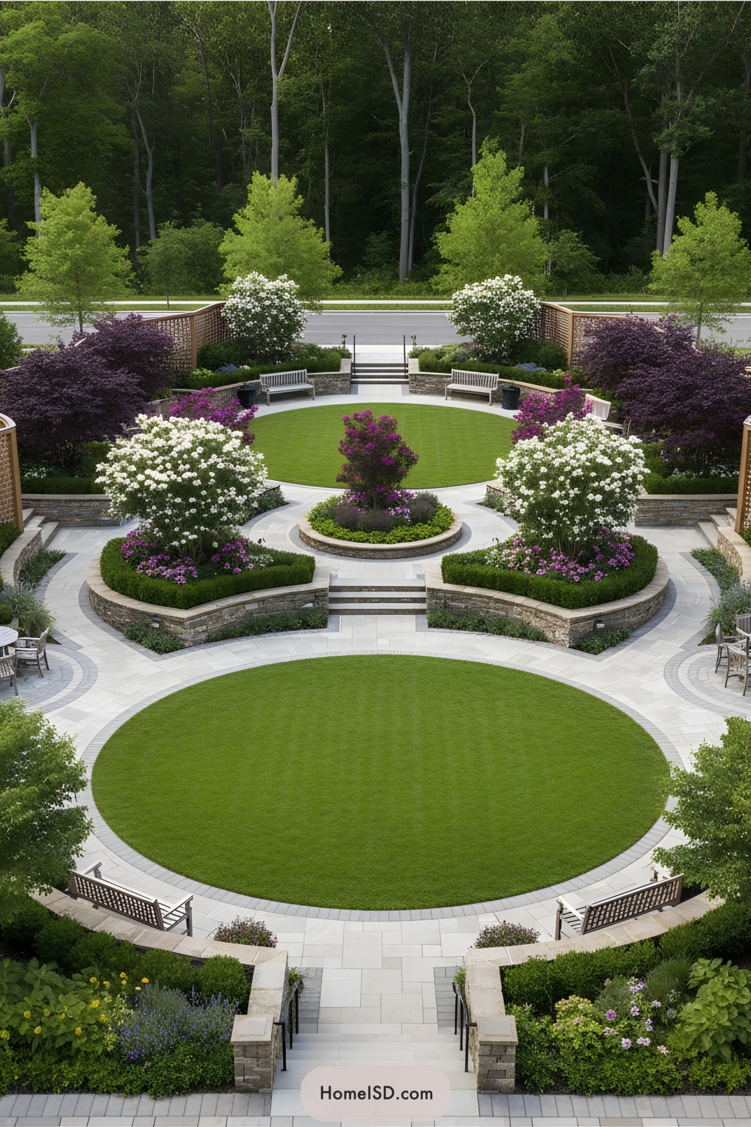 A circular garden with lush greenery, purple and white flowers, and seating areas
