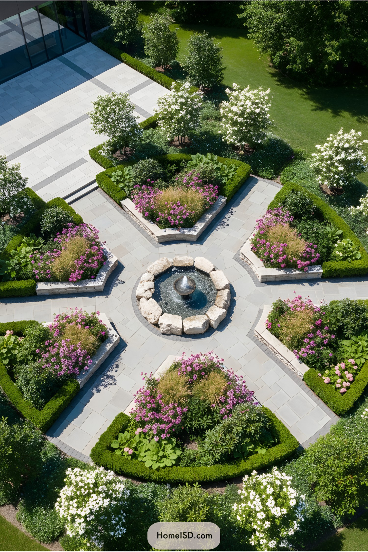 Central circular garden with surrounding flower beds and a fountain