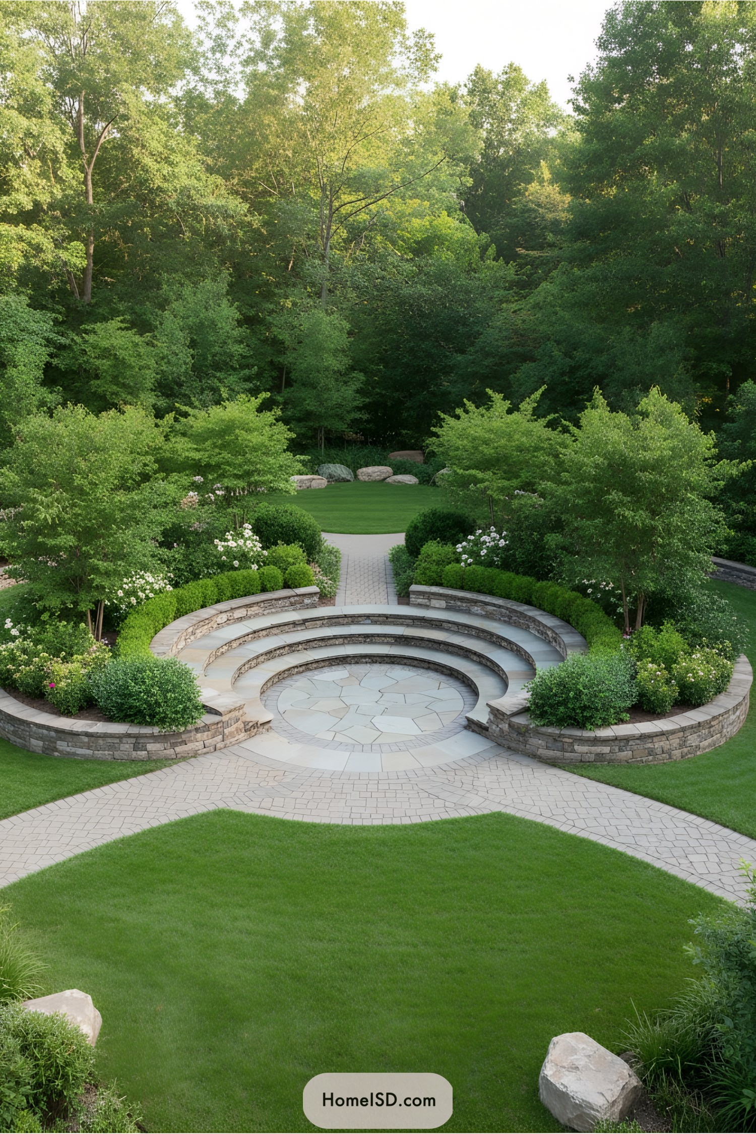 Symmetrical circular garden surrounded by lush greenery