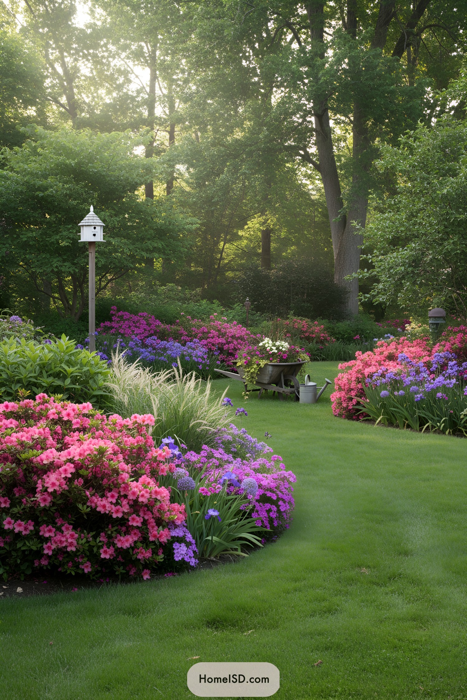 Vibrant flower beds with a birdhouse among lush greenery