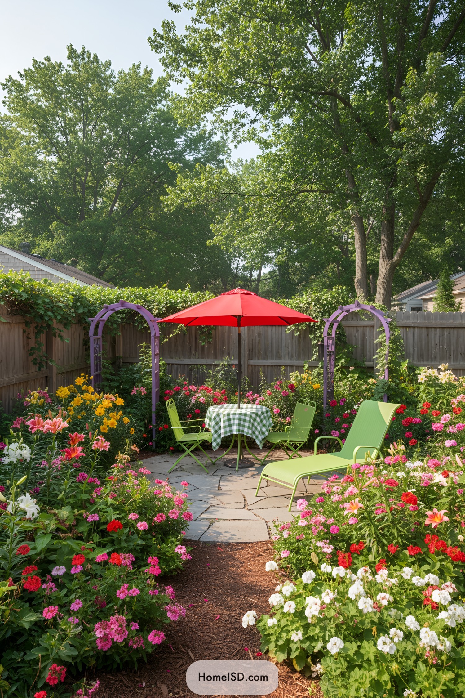 Colorful backyard flower garden with lush, vibrant beds of lilies, geraniums, and other seasonal blooms in pink, red, yellow, and white. Coordinating purple garden arbors serve as architectural focal points, flanked by dense plantings. Central paved patio area features lime-green metal chairs, a small table covered with a checkered cloth, and a matching green chaise lounge, all shaded by a large red umbrella. The setting is bright, inviting, and surrounded by mature leafy trees and privacy fencing, creating a cheerful and secluded outdoor retreat.