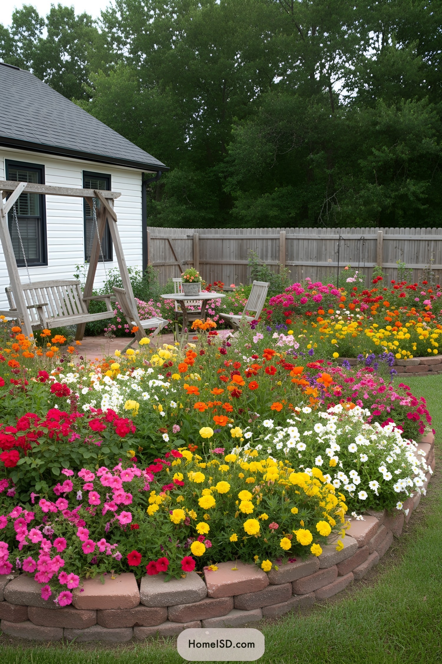 Colorful garden with wooden swing and seating area
