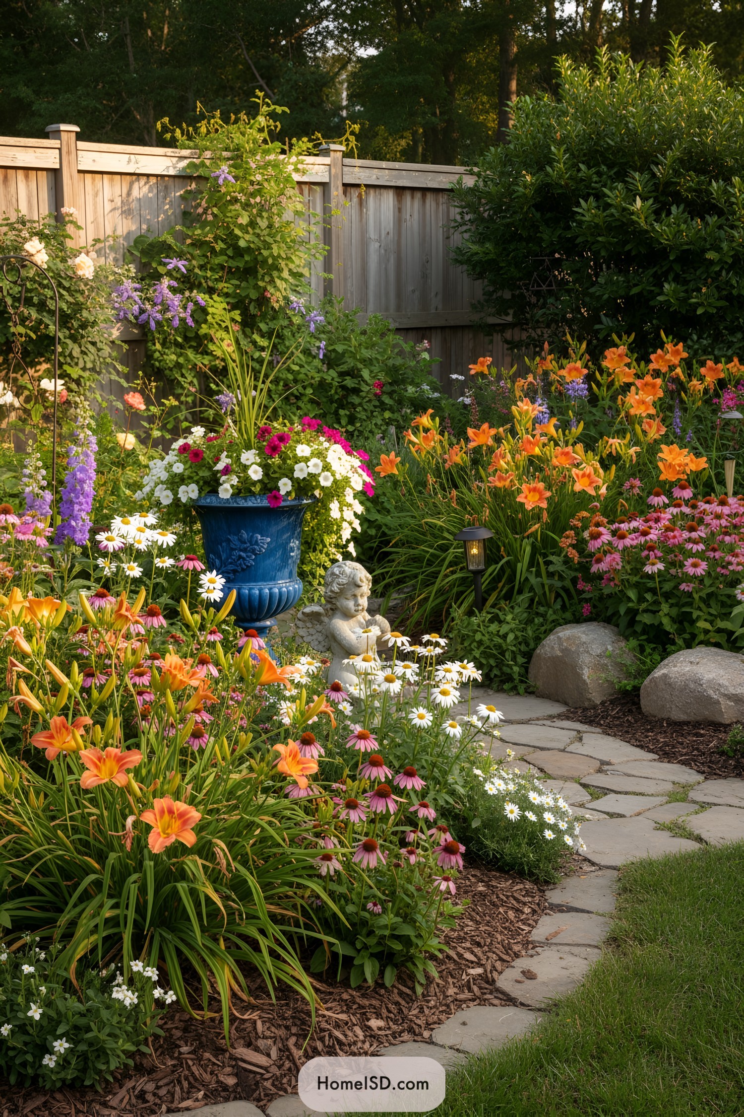 Cherub statue amidst vibrant flowers and a stone path