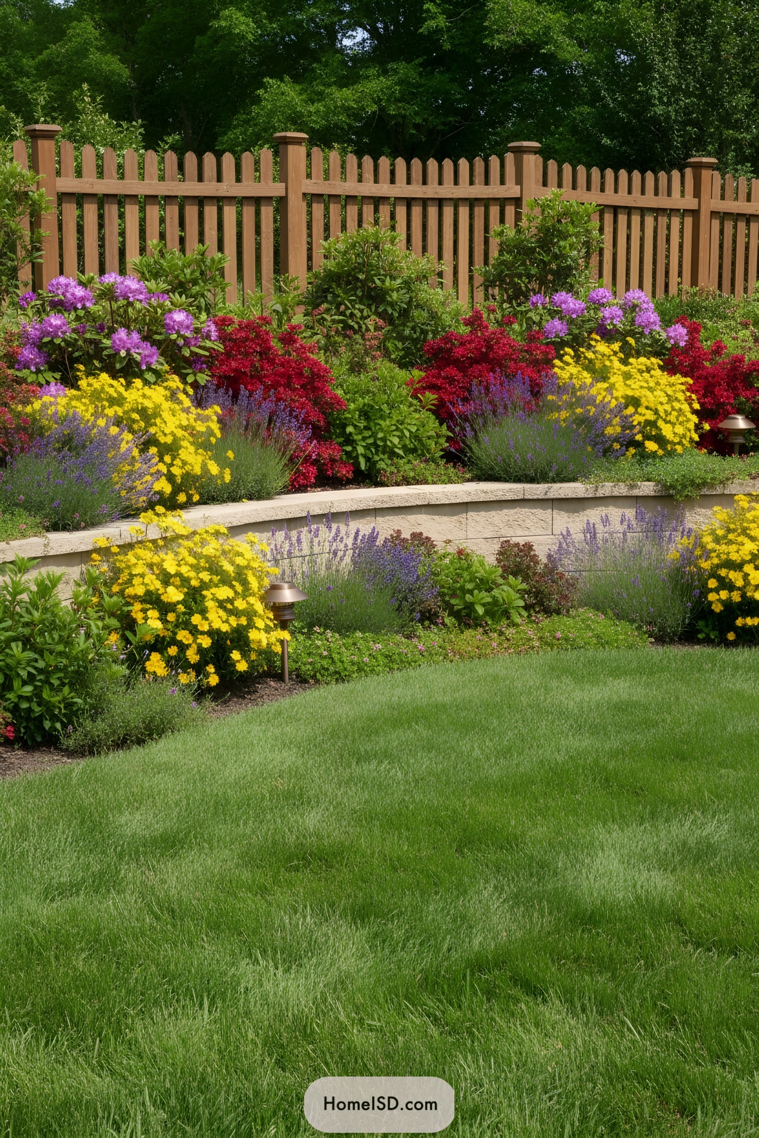 Colorful flowers and lush green lawn bordered by a wooden fence