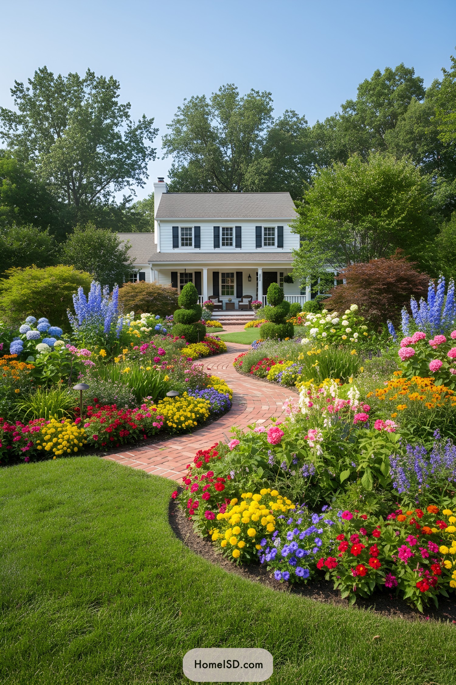 Colorful flowers line a pathway leading to a house