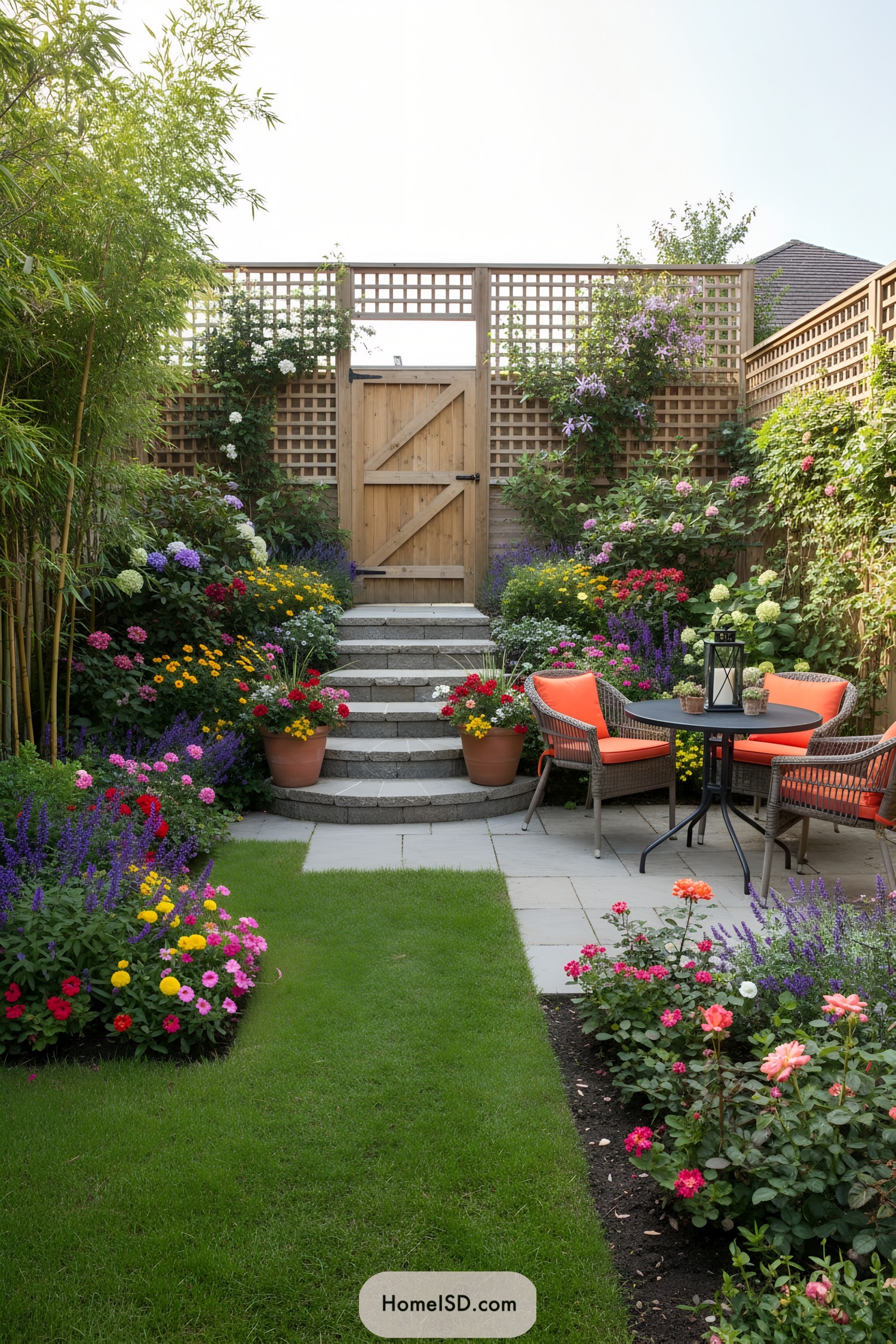 Vivid garden with flowers and a cozy sitting area