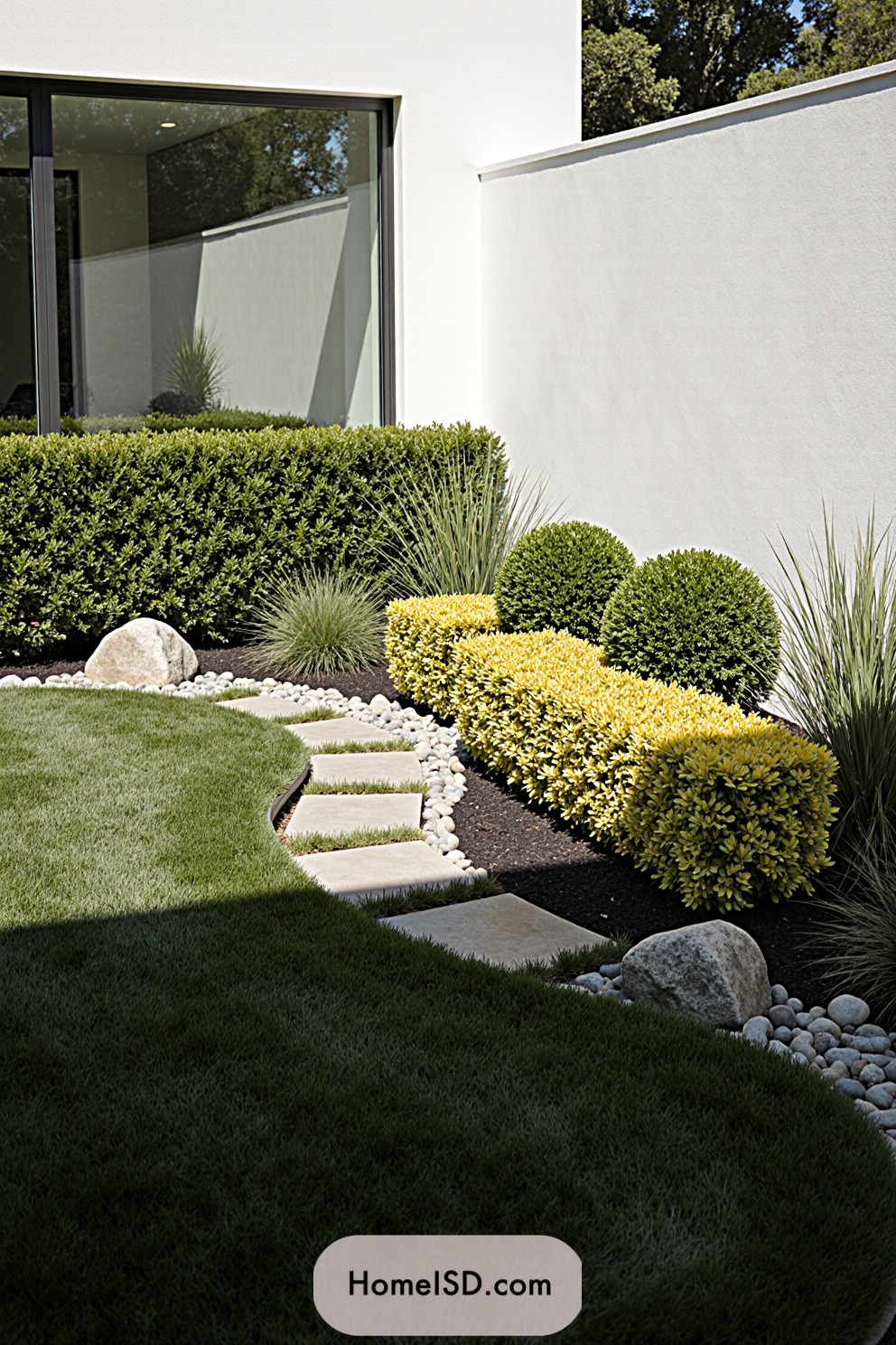 Modern garden with geometric hedges and a smooth pathway