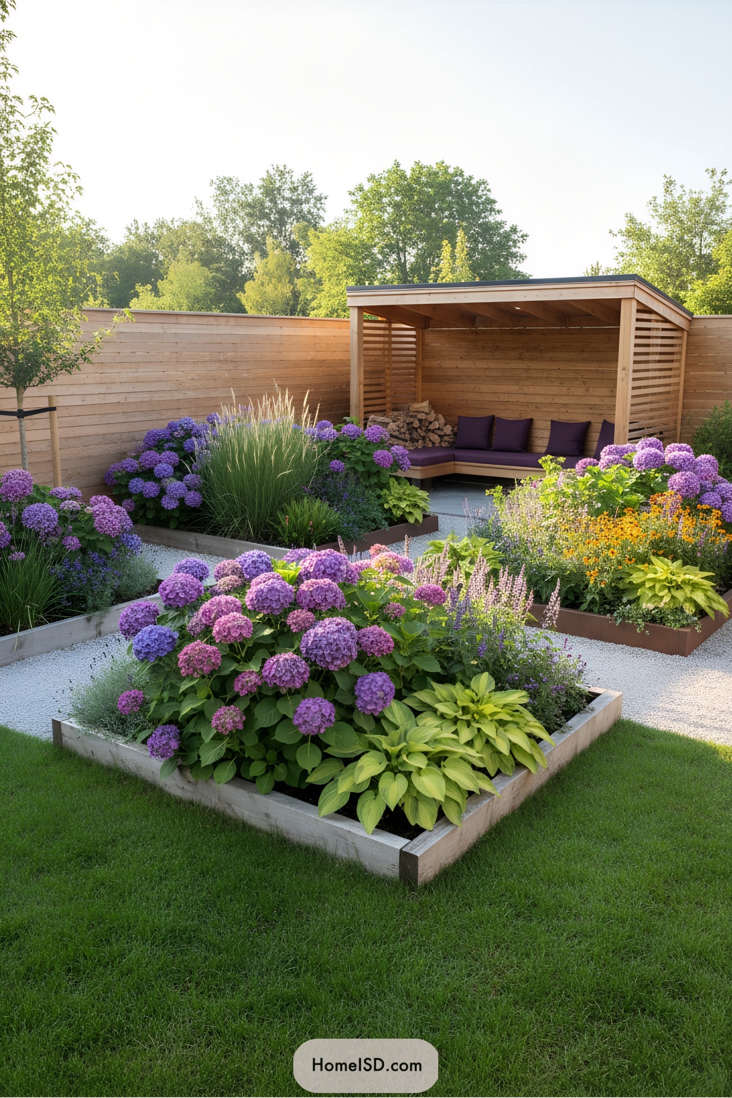 Colorful flower beds with a wooden pergola
