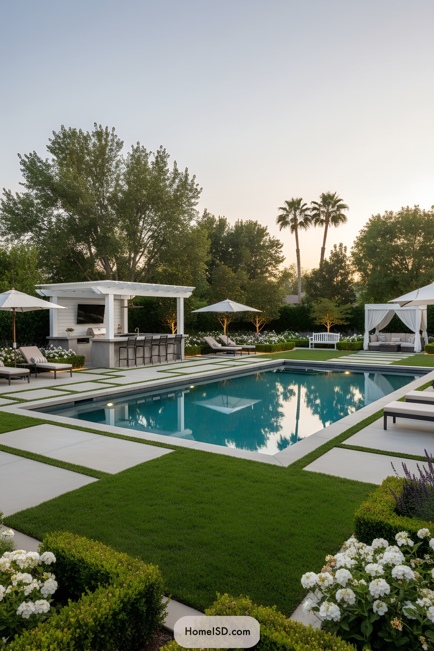 Luxury pool with lounging chairs and a cabana in a landscaped backyard