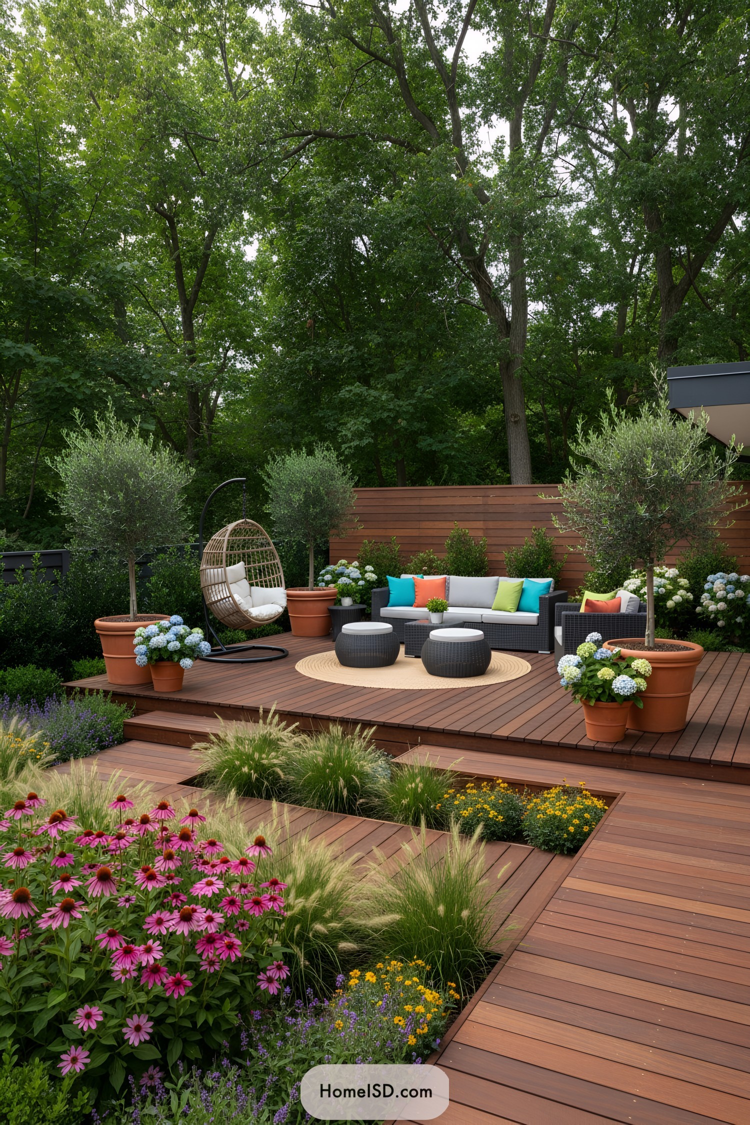 Backyard with wooden deck, seating area, and vibrant plants
