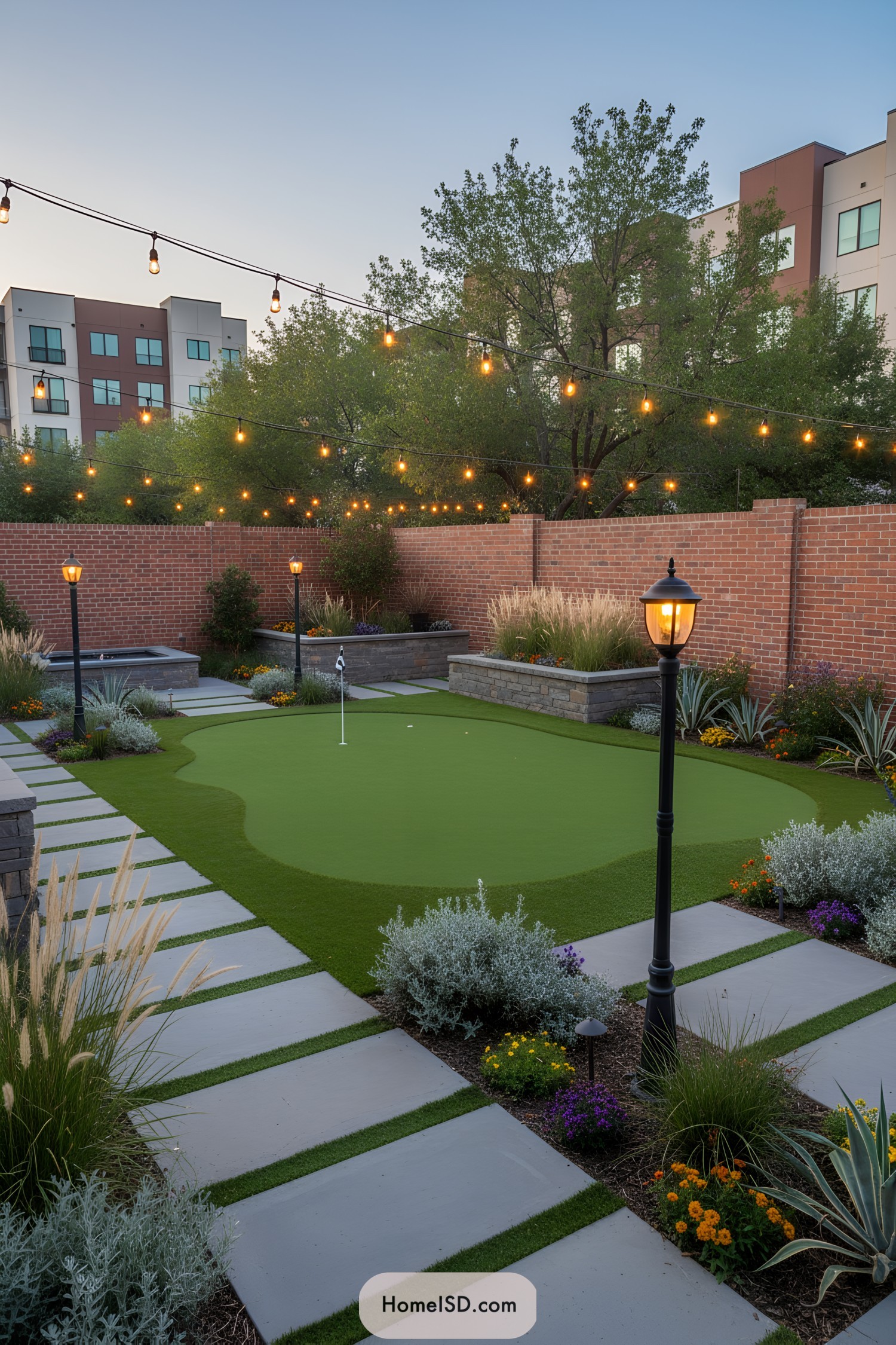 Outdoor putting green surrounded by string lights and lush garden