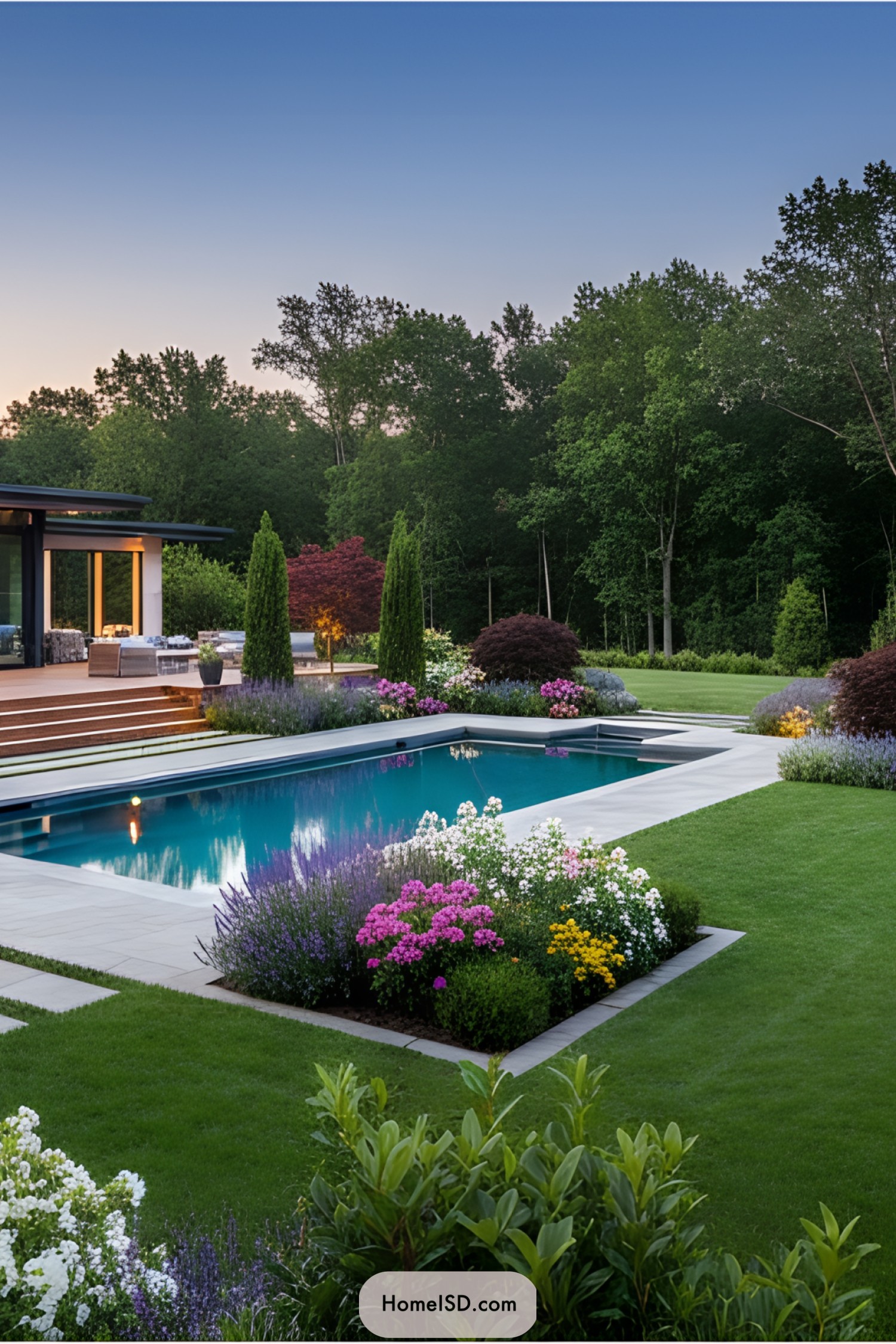 Backyard pool with vibrant flowering plants and lush trees