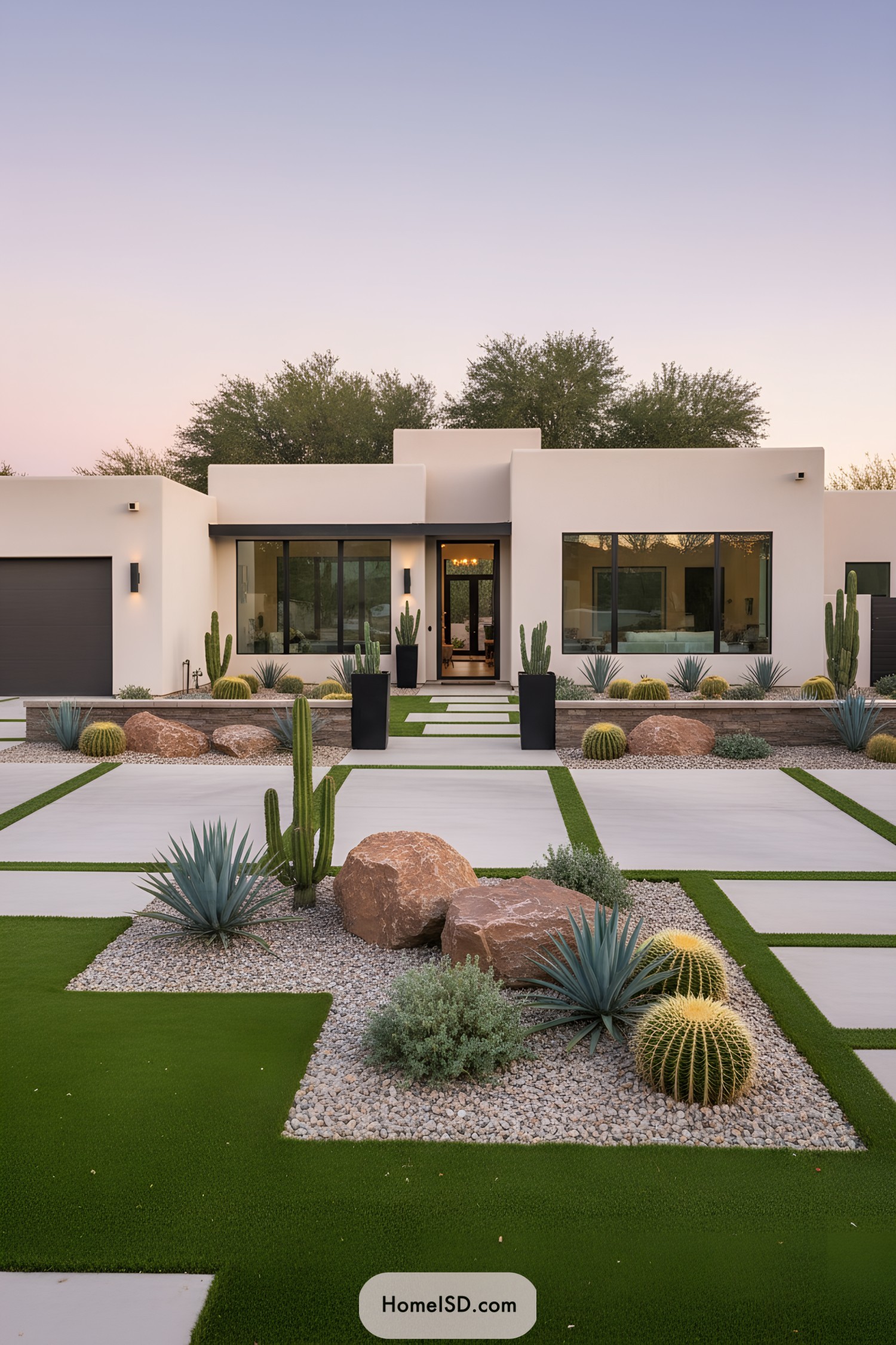 Modern desert landscape with cacti and stones