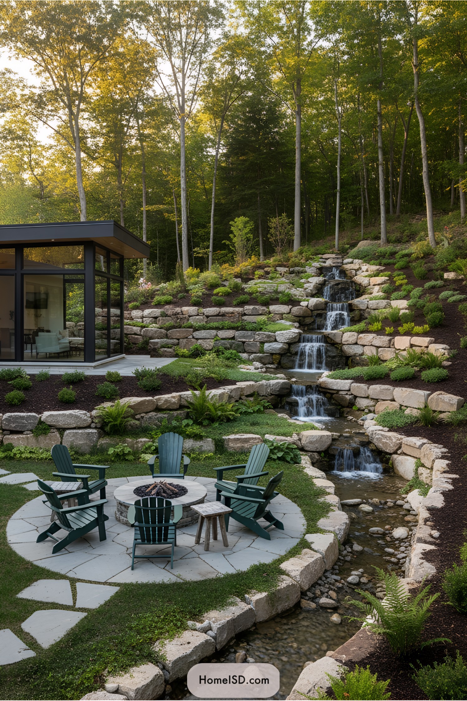 Tranquil garden with a cascading waterfall and fire pit seating