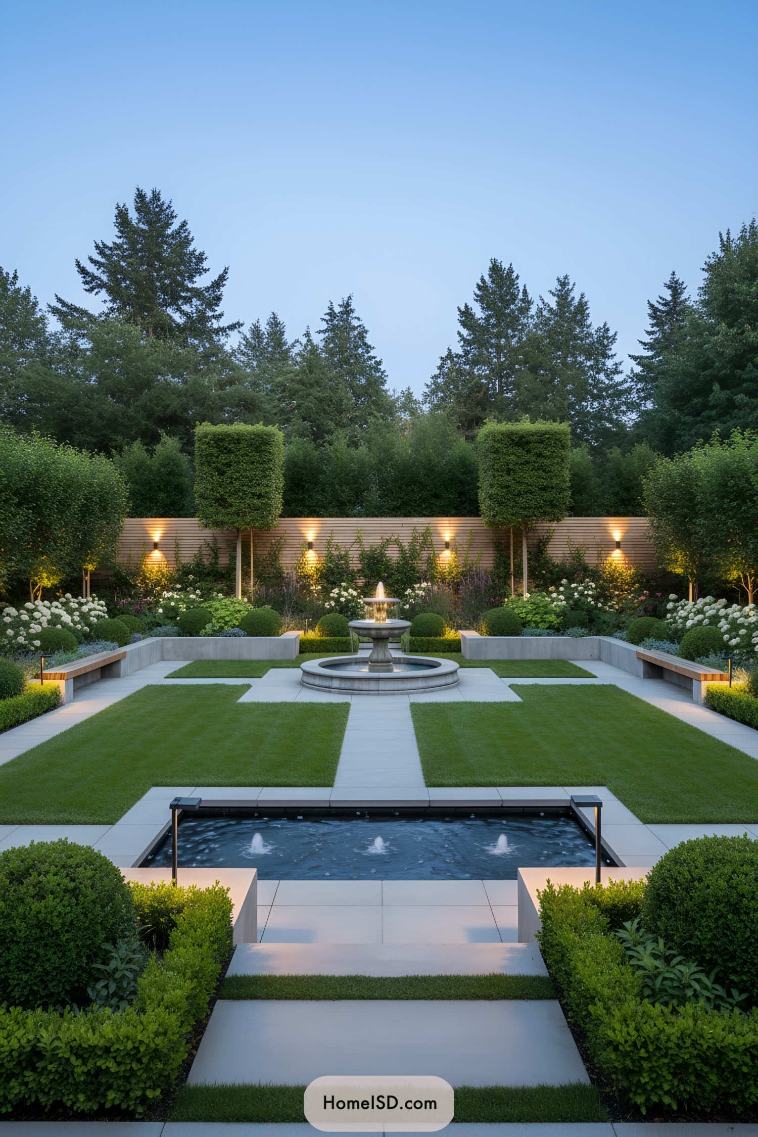 Symmetrical garden with fountain and manicured lawns