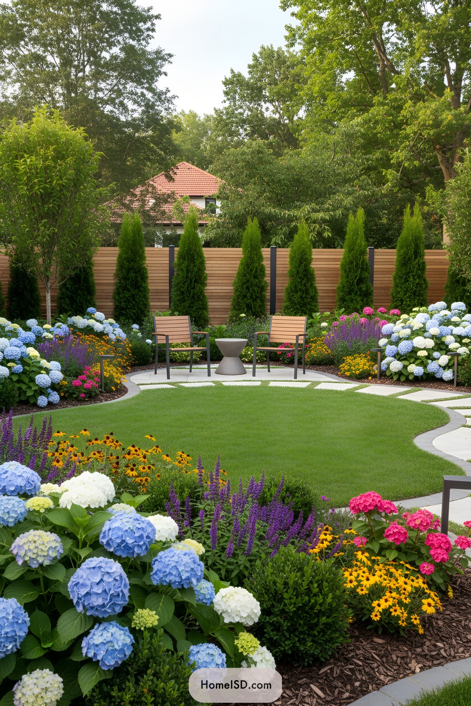 Vibrant garden with colorful flowers and neatly trimmed lawn