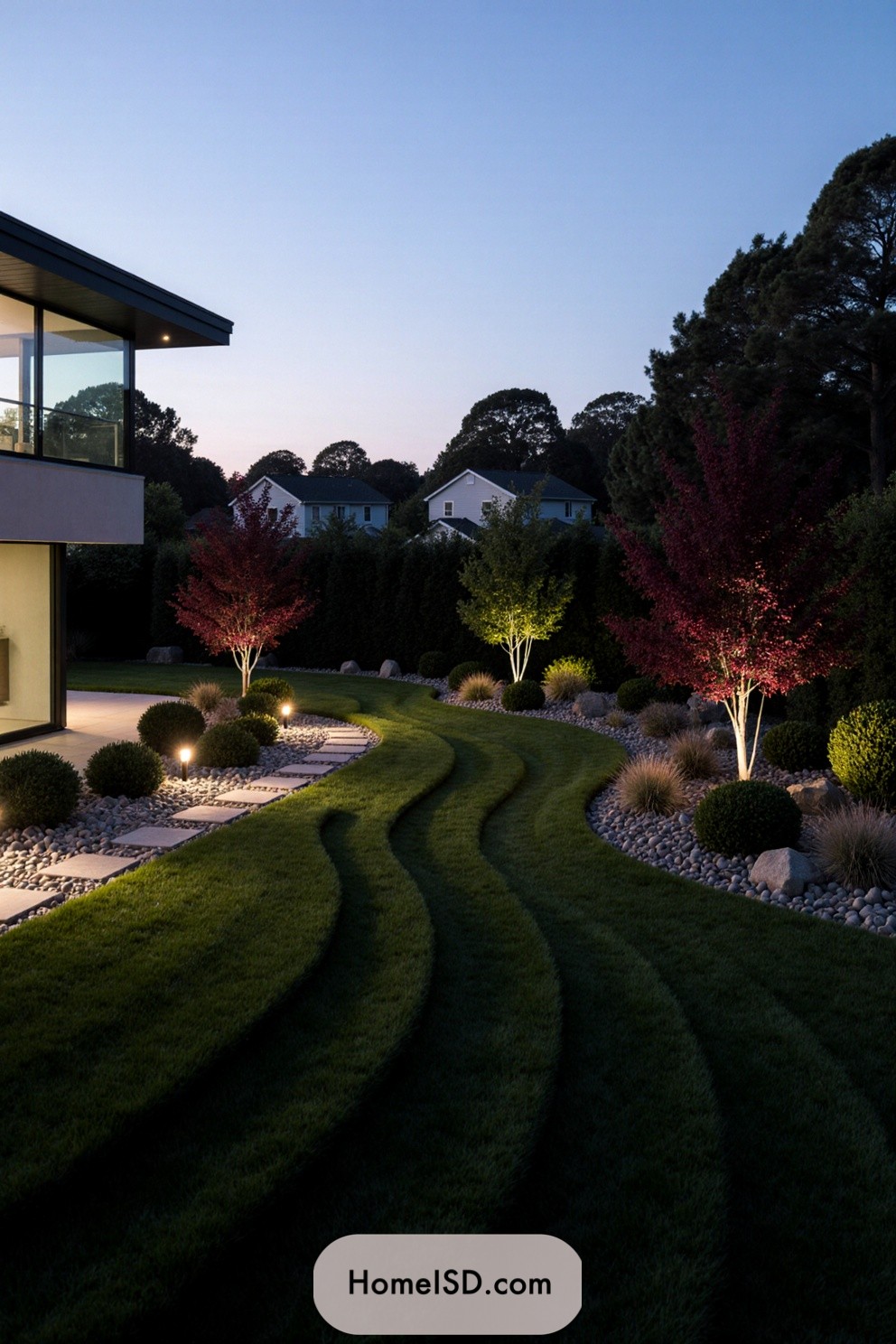 Elegant garden with wavy lawn patterns and glowing trees