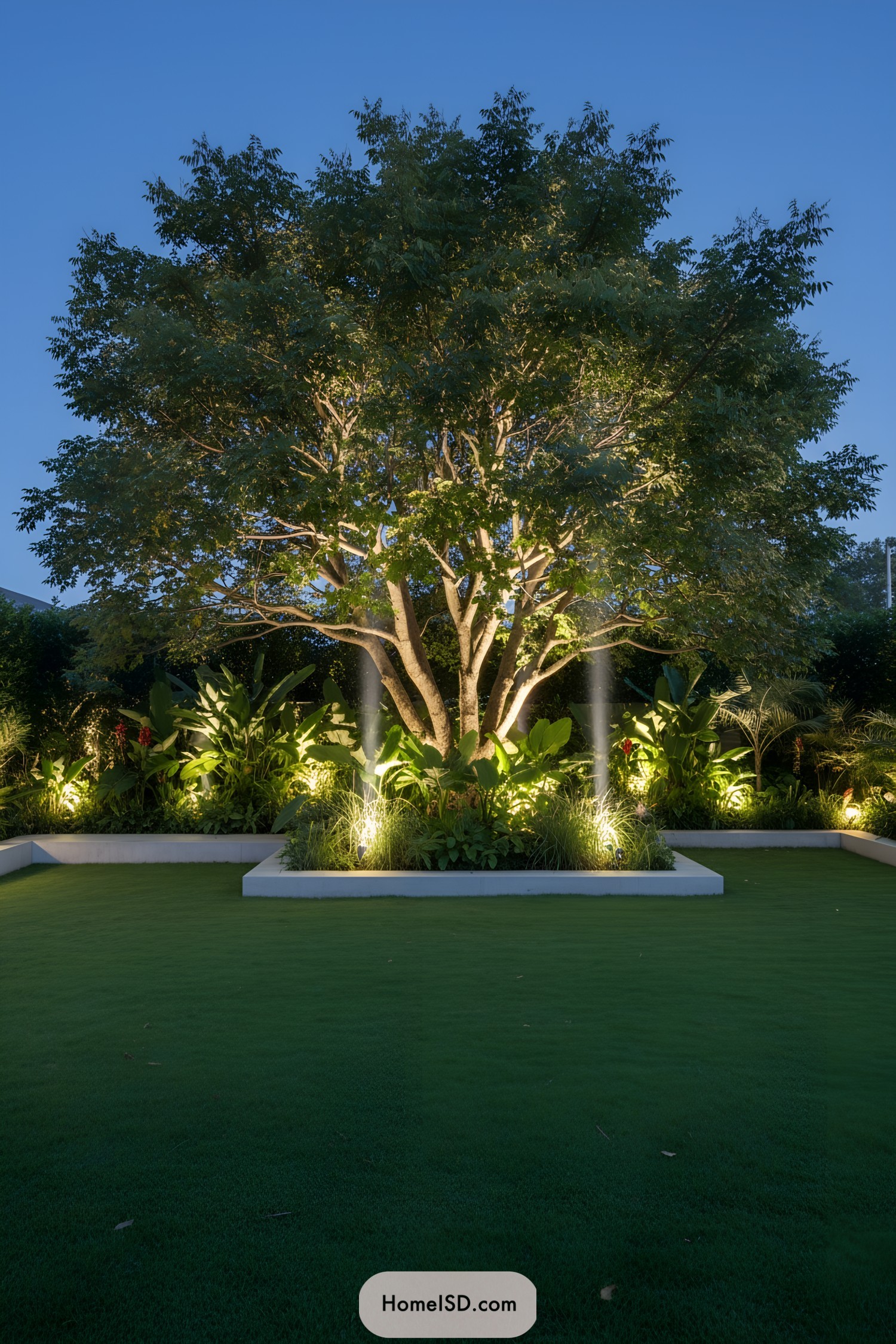 Elegant lighting highlights a majestic tree in a landscaped garden
