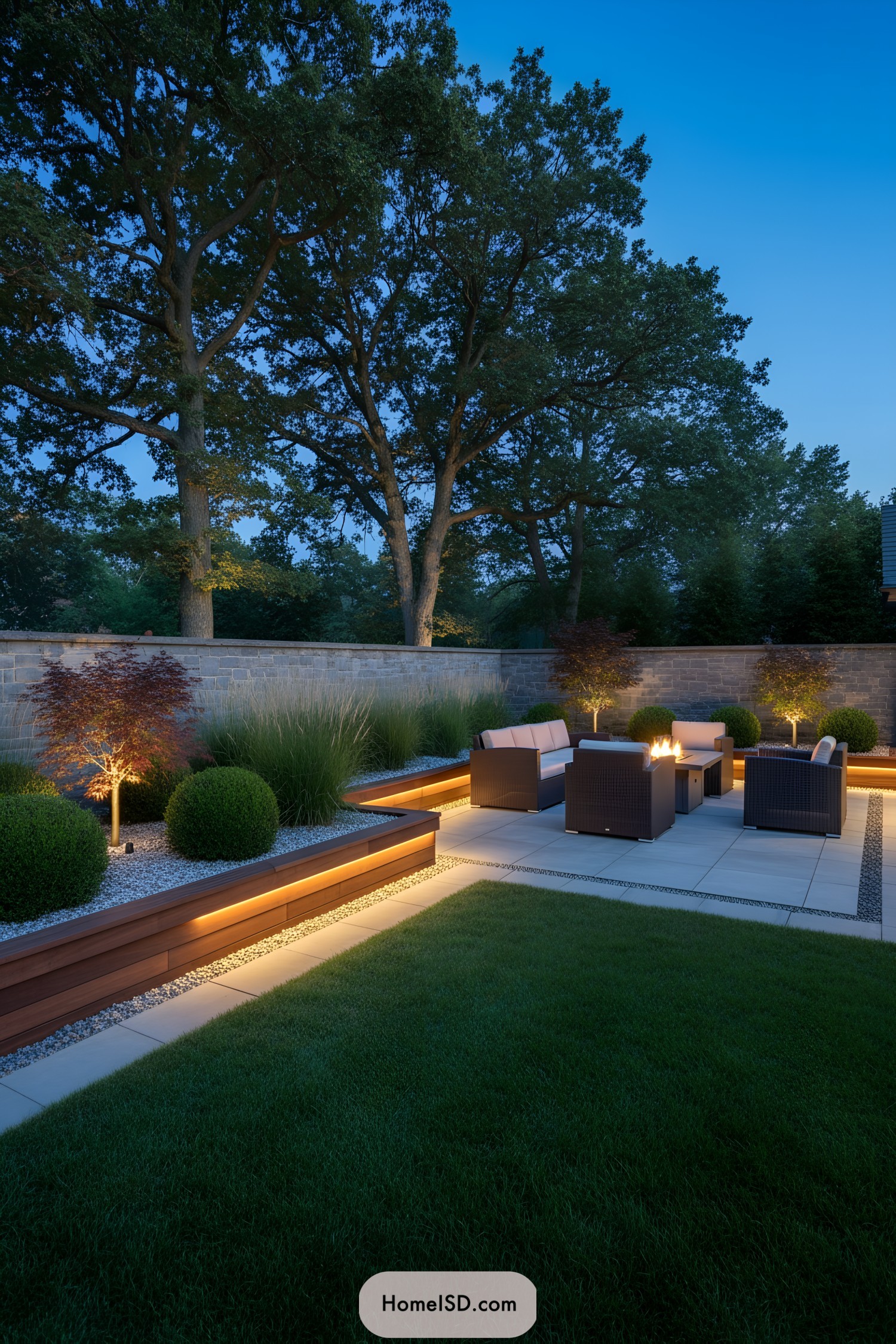 Outdoor seating area with elegant lighting