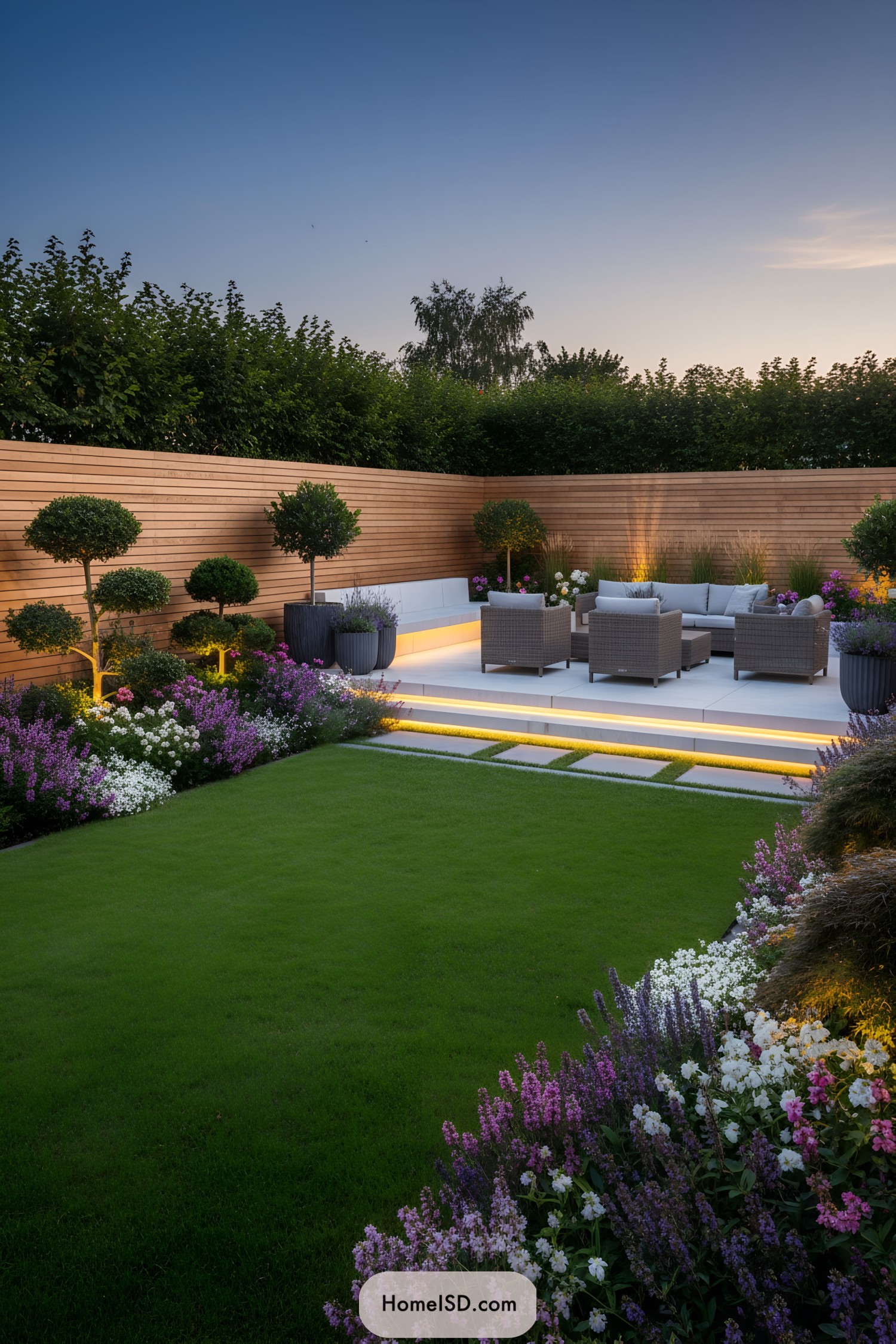 Cozy seating area with glowing landscape lights