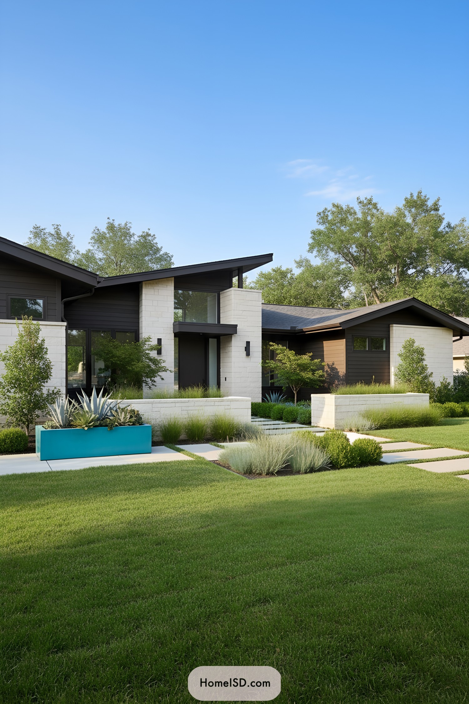 Modern home entrance with sleek landscaping