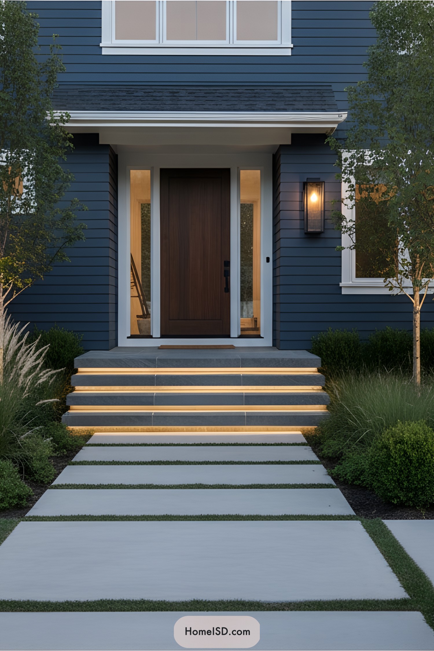 Contemporary entrance with illuminated steps and greenery