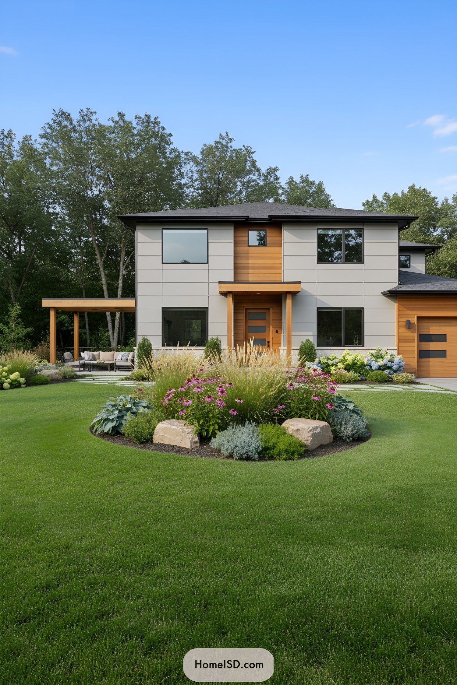 Modern home with a garden of vibrant plants and flowers
