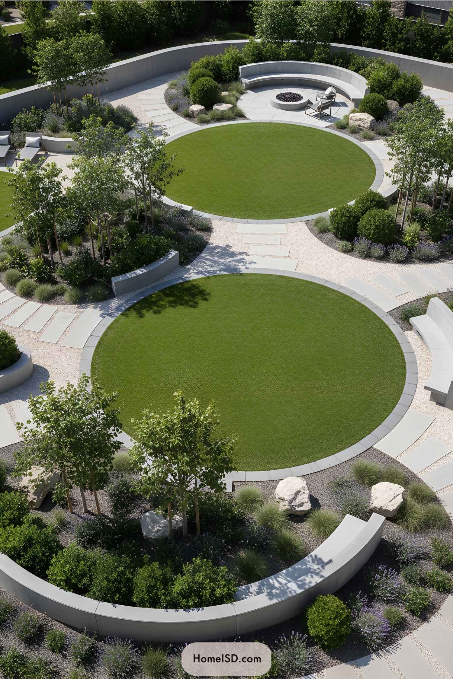 Circular garden area with green lawns, pathways, and seating