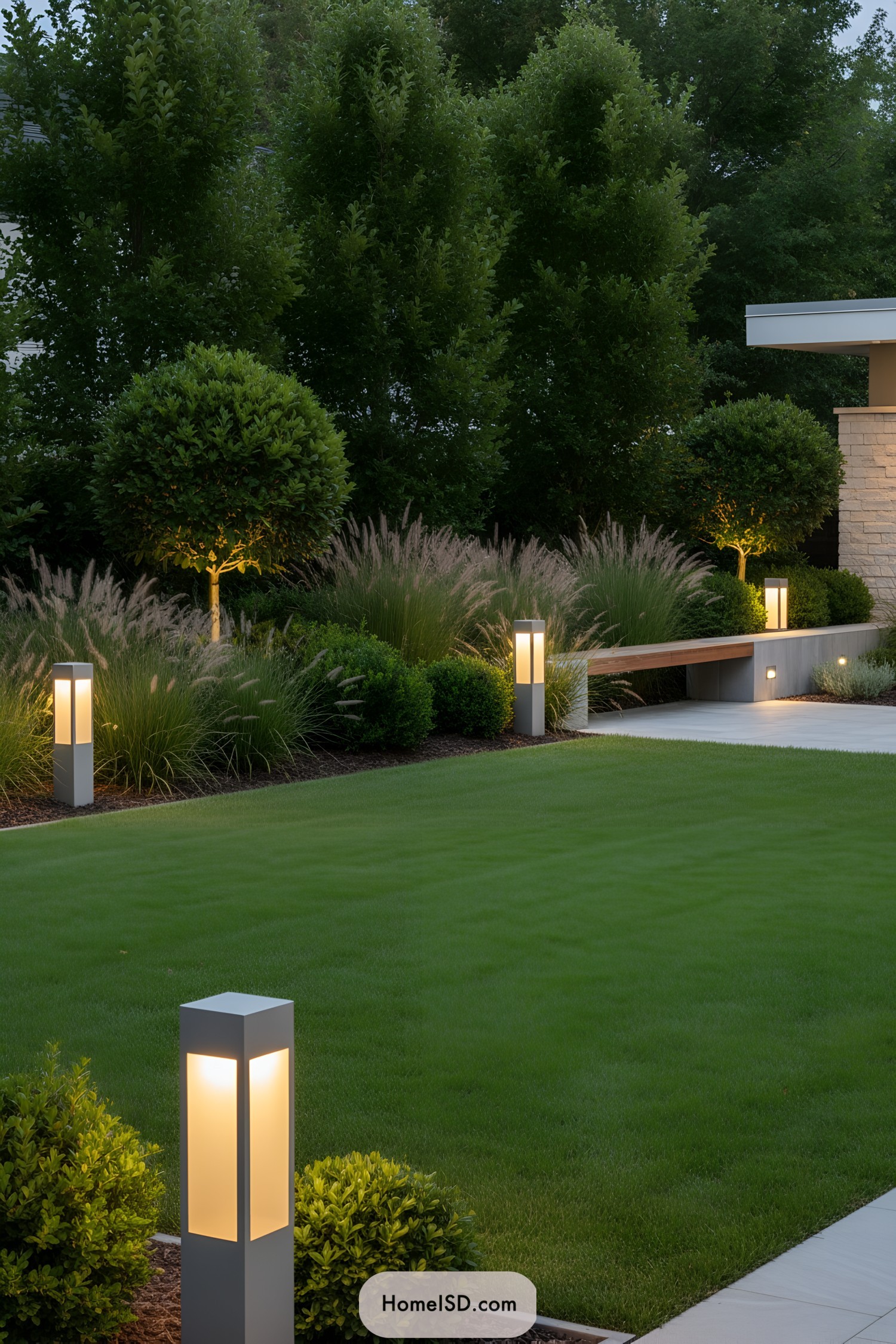 Illuminated garden pathway with modern lights