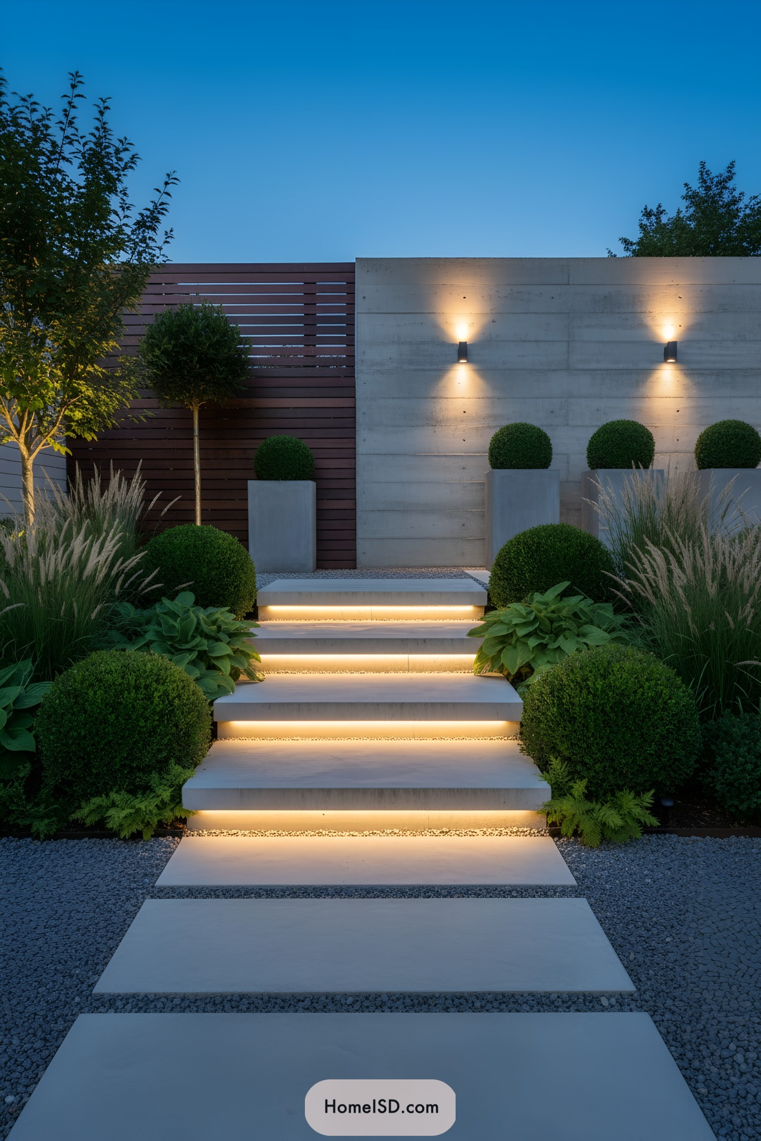 Modern stone steps lit with soft, understated lighting
