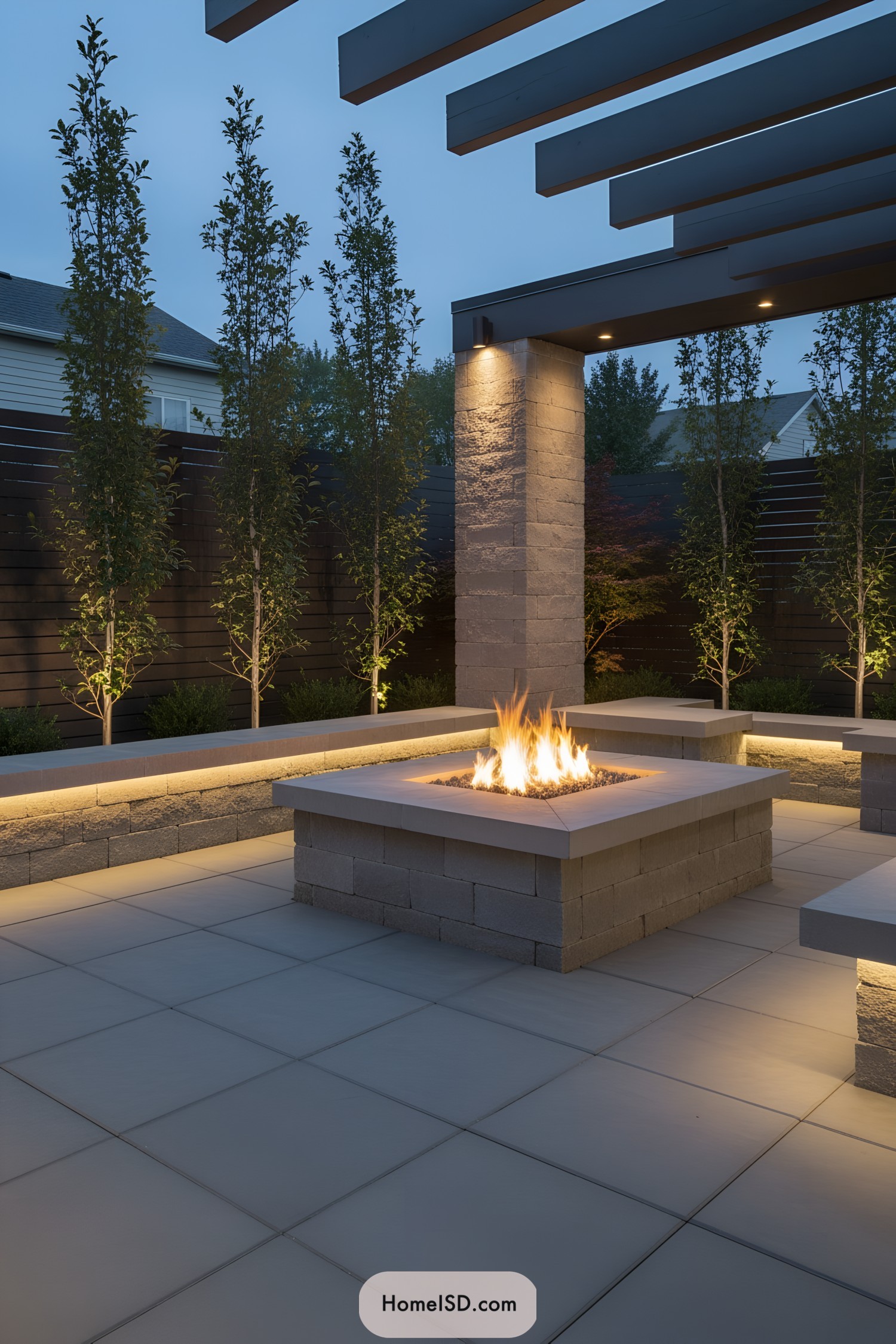 Modern patio with fire pit and mood lighting