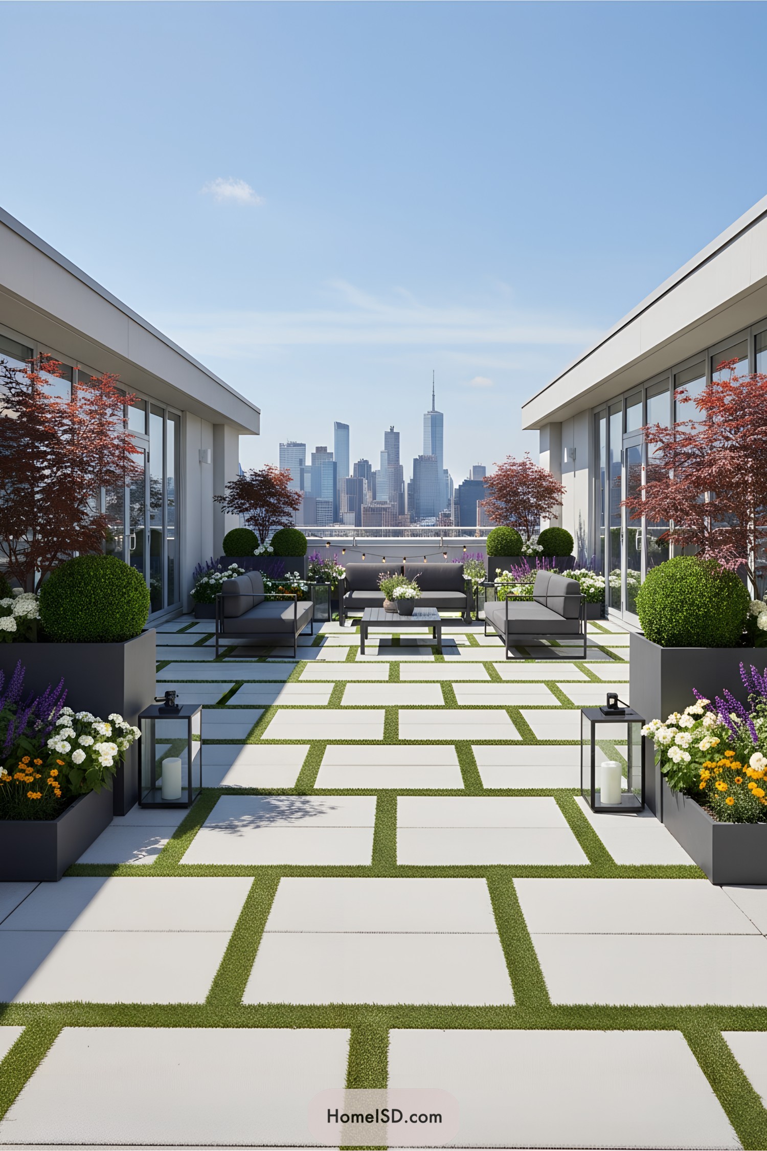 Modern terrace with geometric design and city view