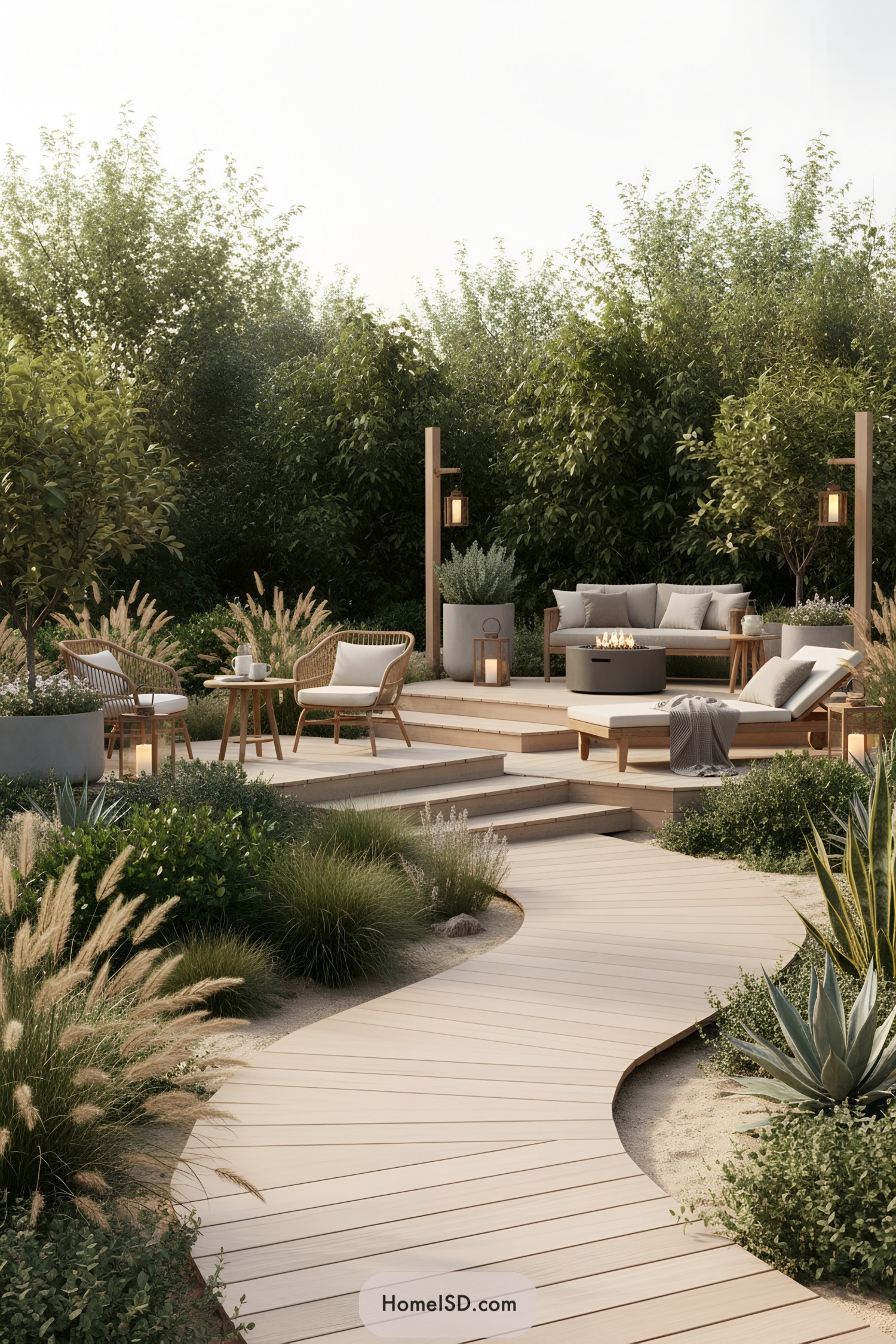 Outdoor seating area with curved pathway and lush greenery