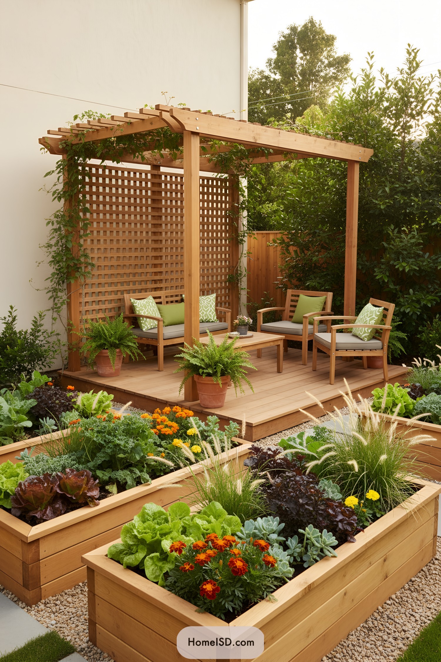 Cozy patio with wooden pergola and lush garden beds