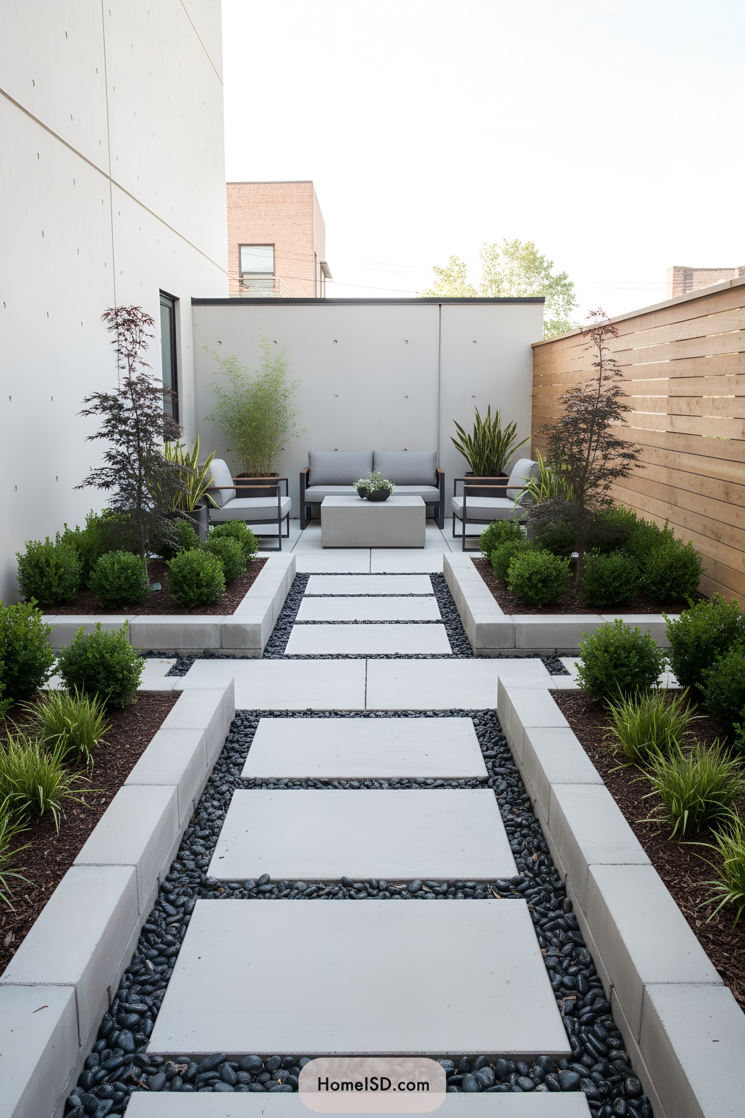 Minimalist garden with sleek concrete tiles and lush greenery