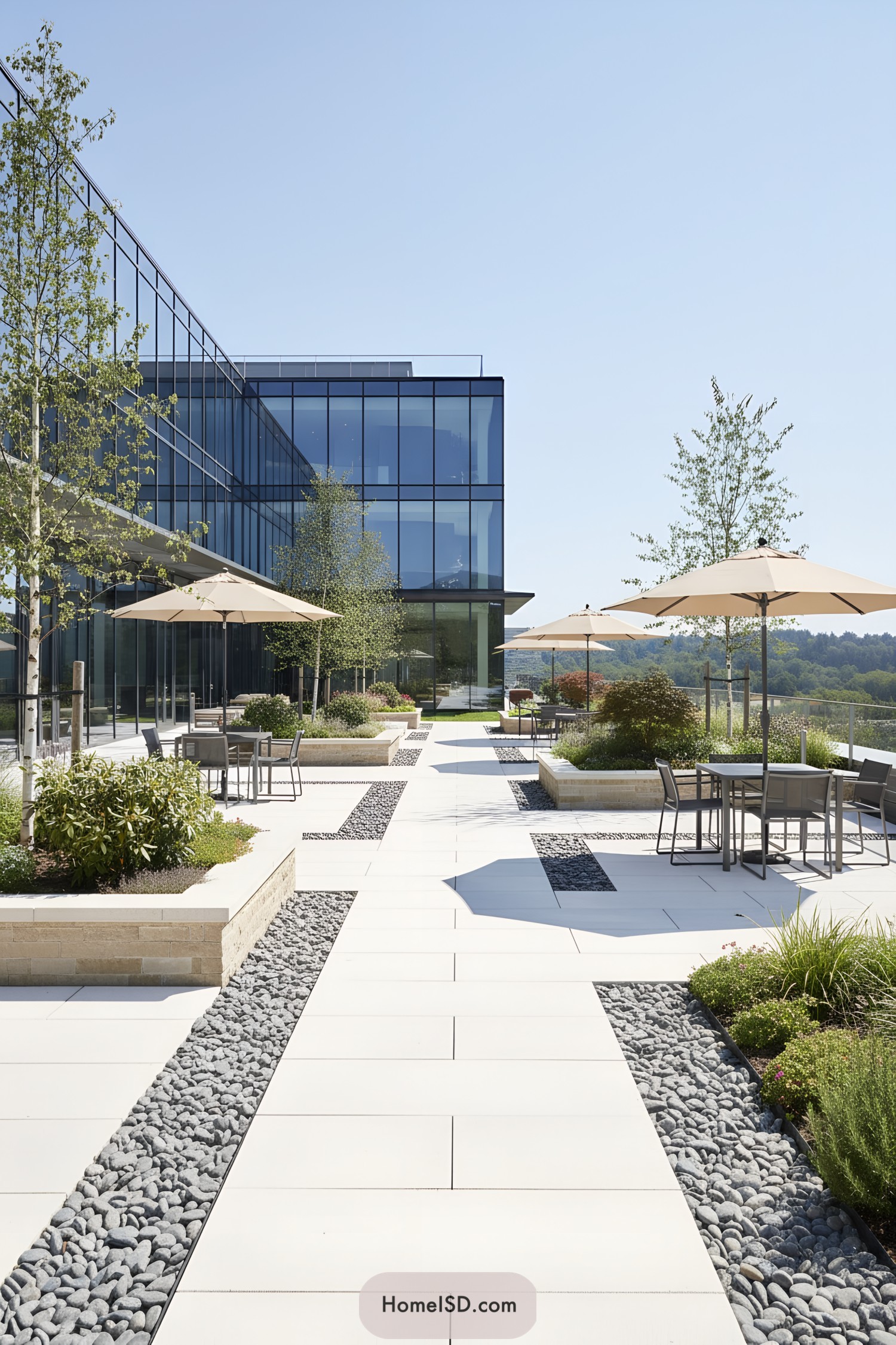 Modern terrace with tables, umbrellas, and planters