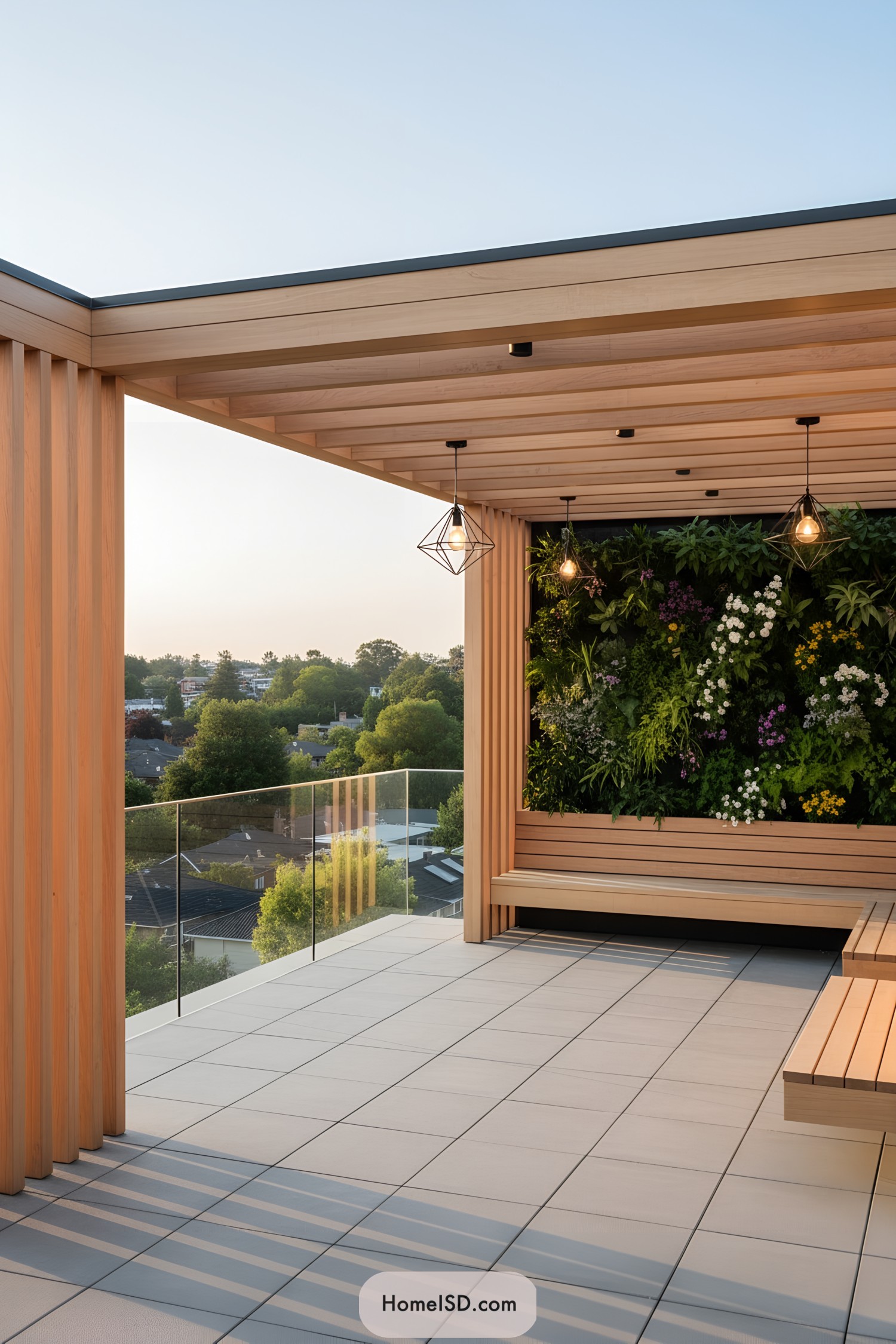 Wooden pergola terrace with vertical garden and city view