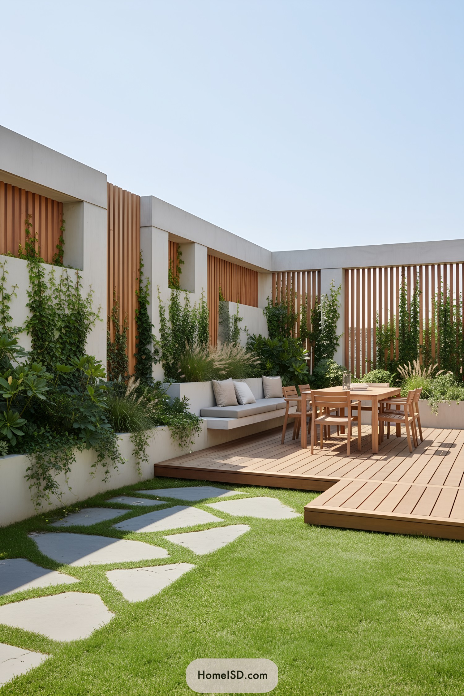 Contemporary terrace landscape design with geometric lines and a minimalist aesthetic, featuring concrete walls with vertical wooden slats and lush green climbing plants. Structured levels include integrated low planters with dense foliage, ornamental grasses, and assorted leafy shrubs. Built-in concrete bench seating with neutral cushions and a modern outdoor dining table with wooden chairs enhance functionality. Wooden deck platforms create visual interest and separate zones, framed by stepping stone pathways and manicured lawn.