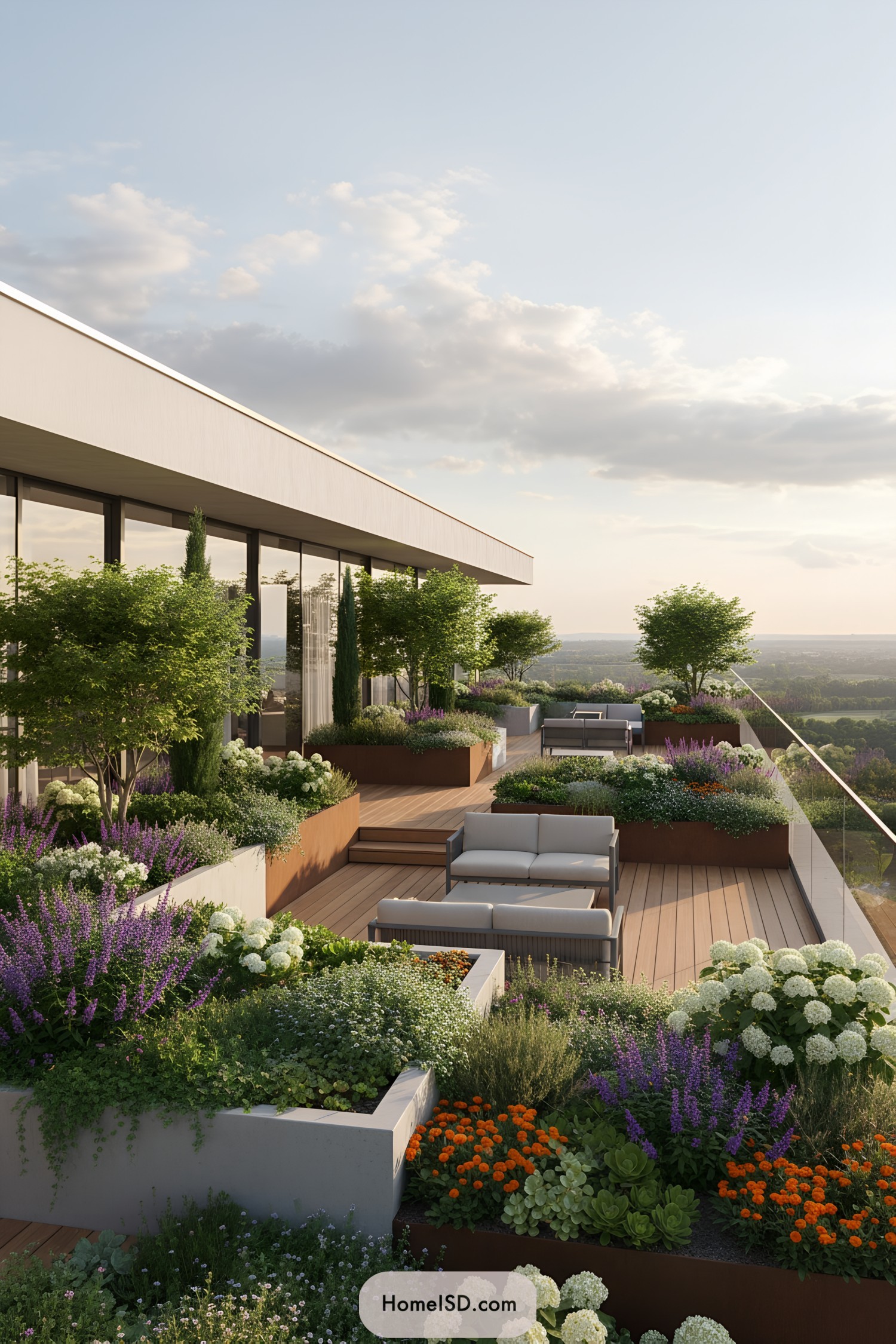 Rooftop terrace with lush greenery and cozy seating areas