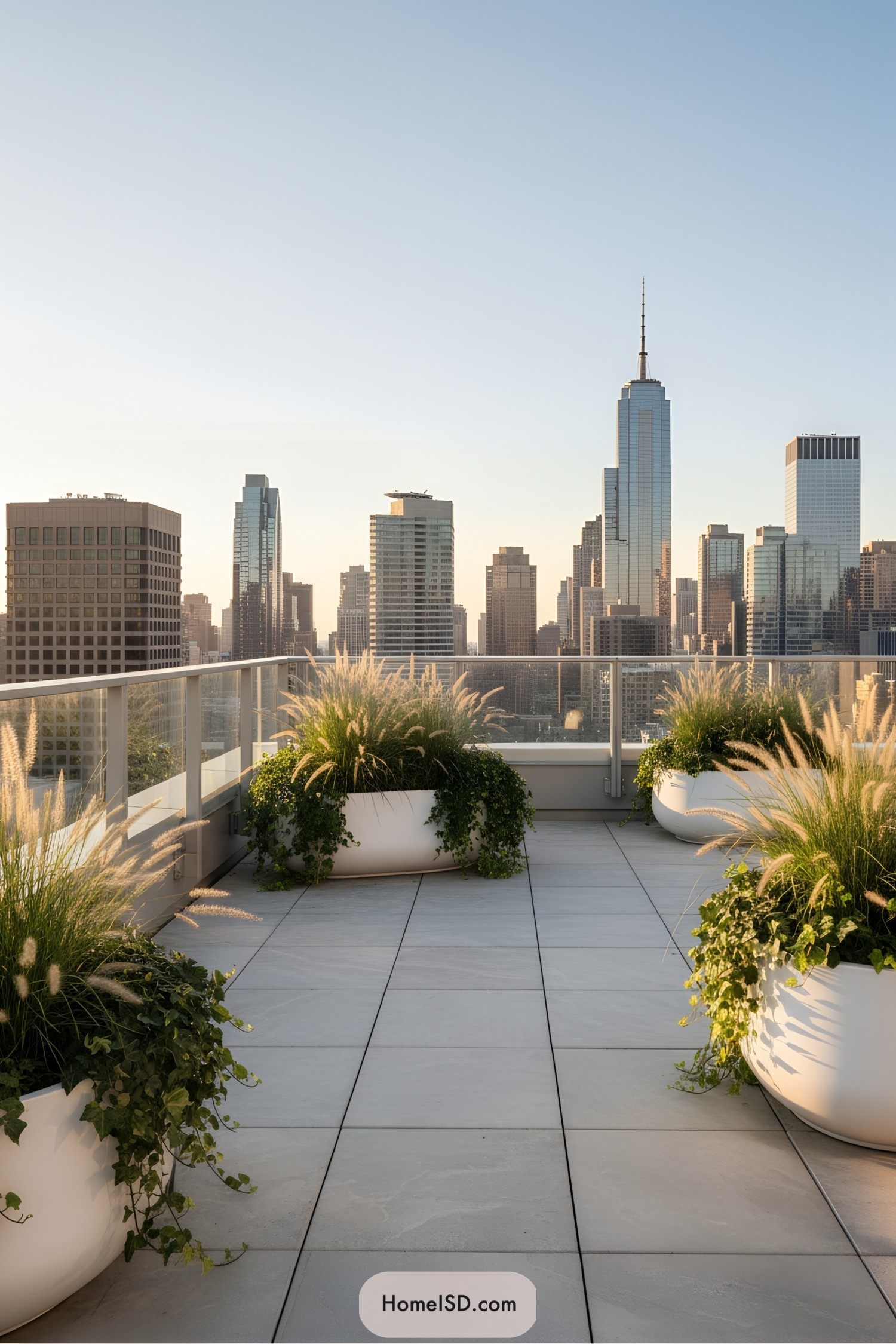 Modern rooftop terrace with city skyline