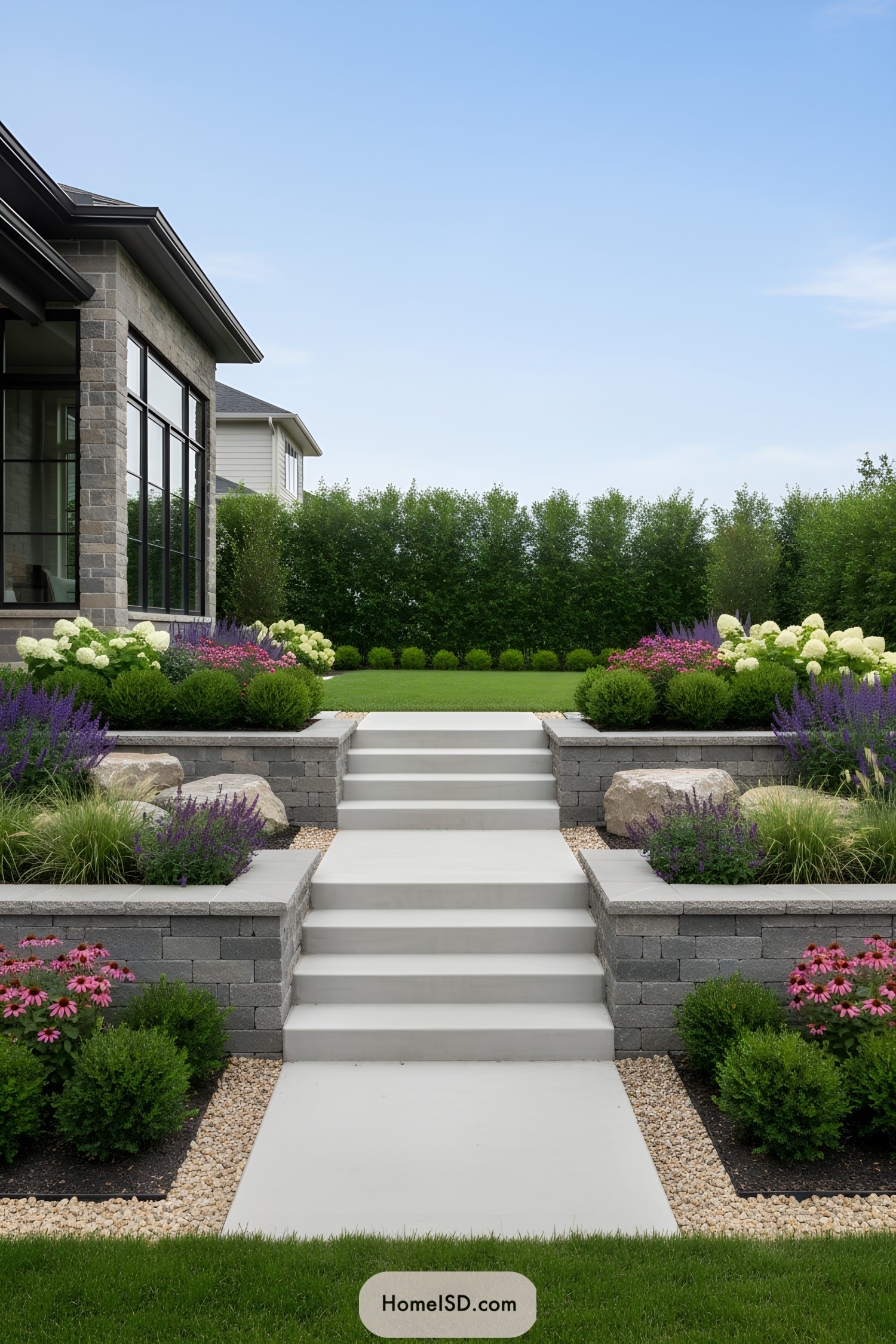 Terraced garden with vibrant flowers and lush lawn