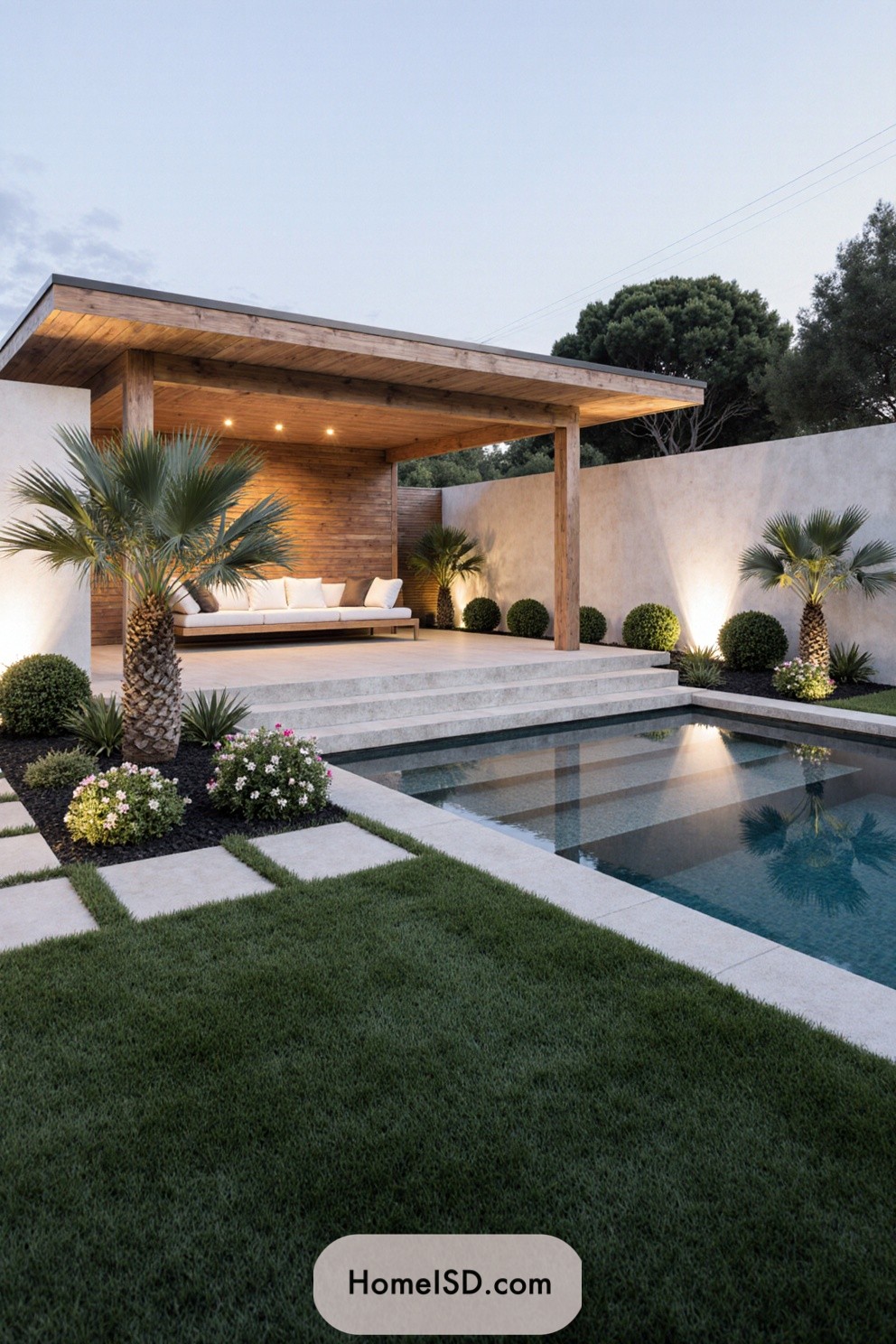 Modern villa garden with pool and covered seating