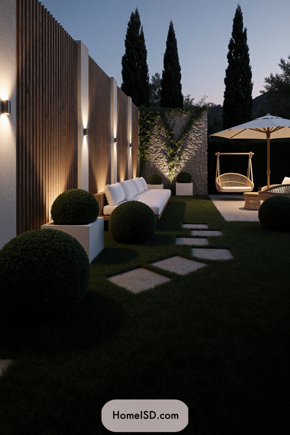 Elegant villa garden with modern lounge area and mood lighting