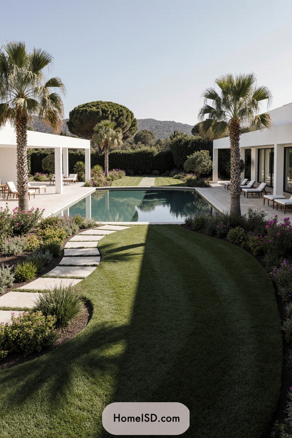 Modern villa garden with pool flanked by lush greenery